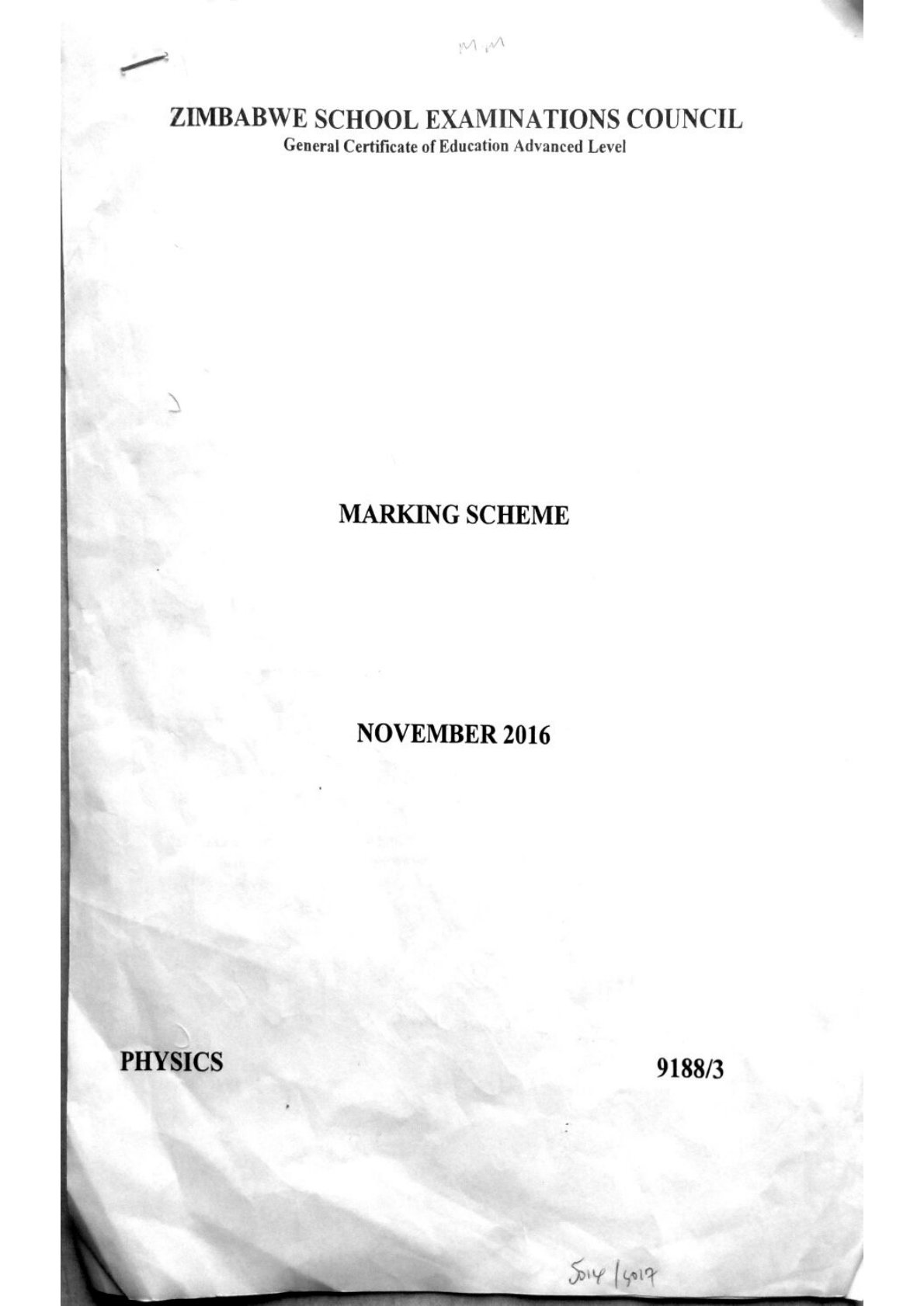 First page of ZIMSEC A-Level Physics Paper 3 November 2016 Marking Scheme