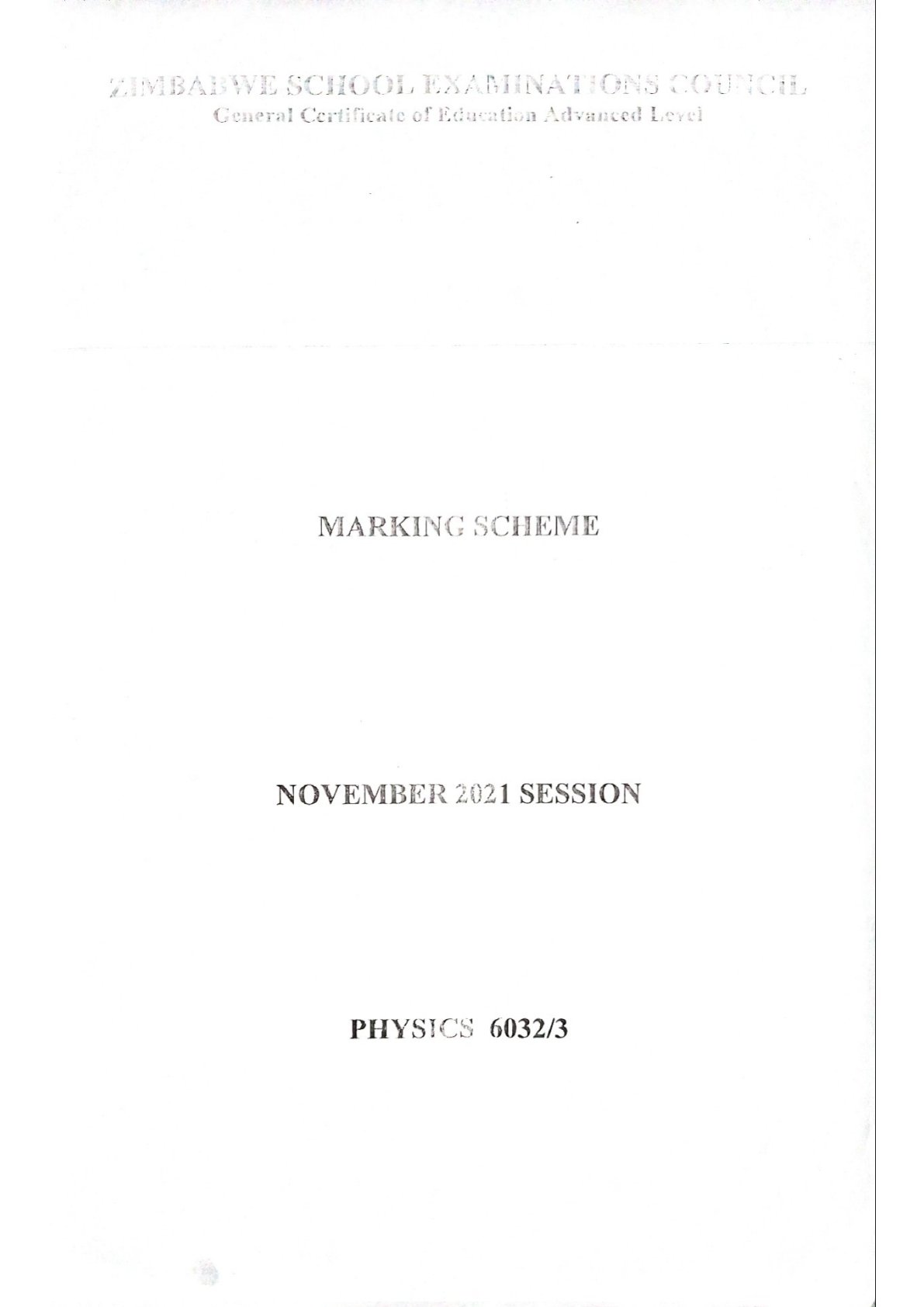 First page of ZIMSEC A-Level Physics Paper 3 November 2021 Marking Scheme