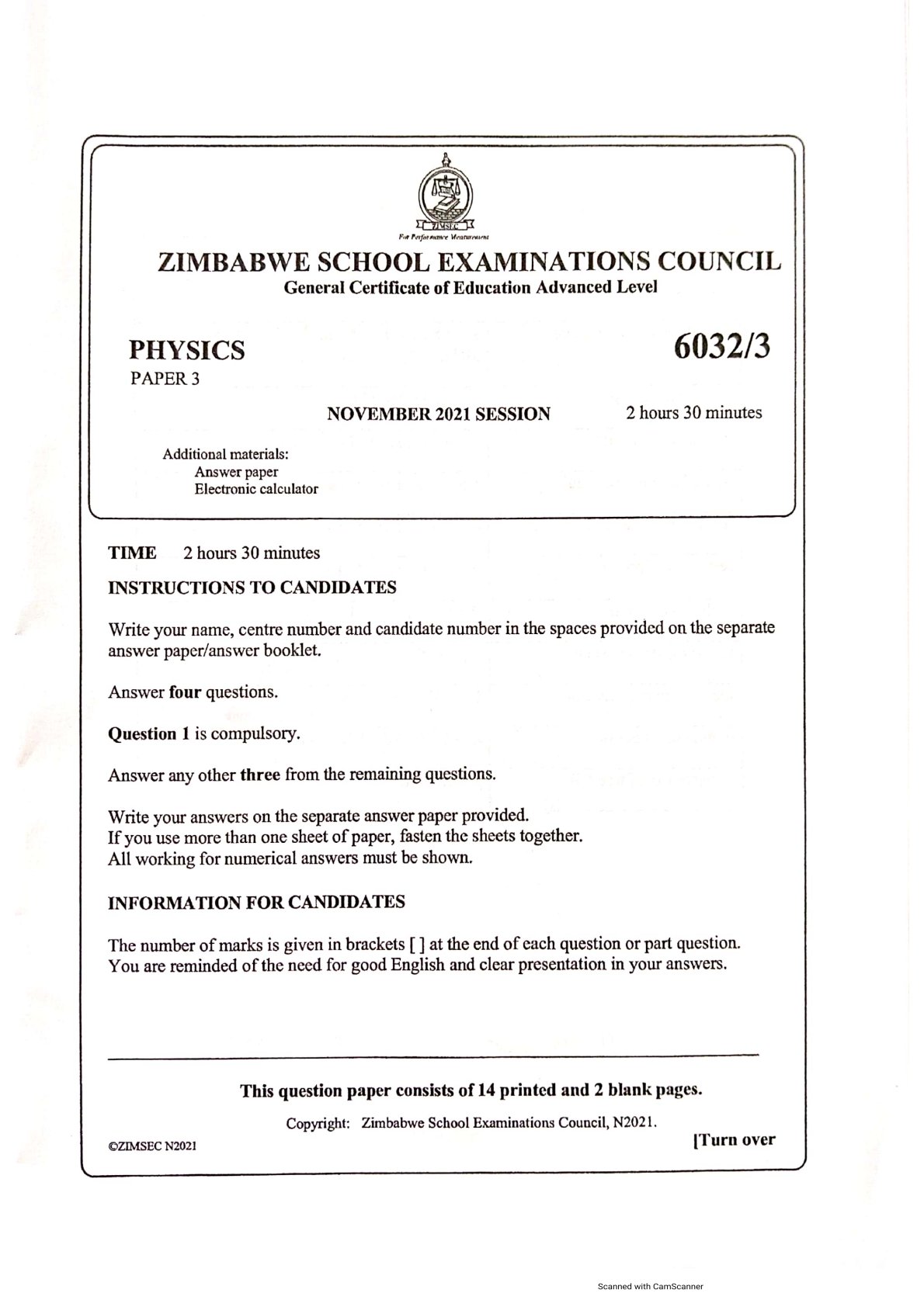 First page of ZIMSEC A-Level Physics Paper 3 November 2021 Question Paper