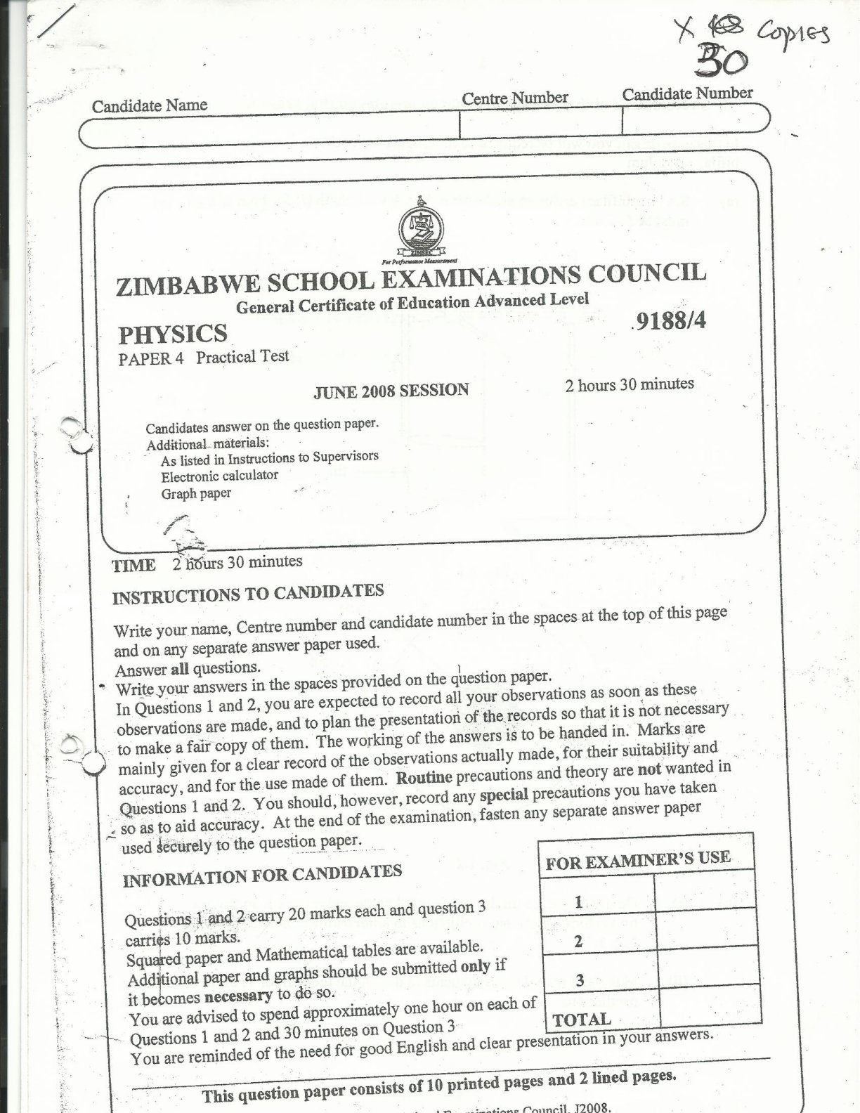First page of ZIMSEC A-Level Physics Paper 4 June 2008 Question Paper