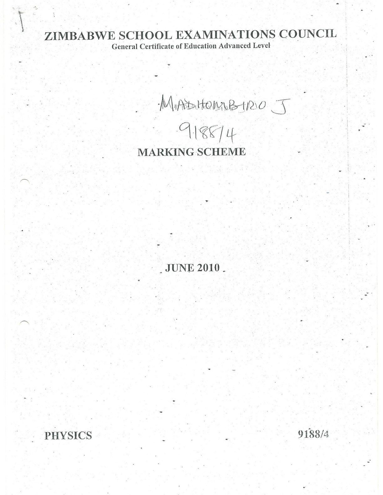 First page of ZIMSEC A-Level Physics Paper 4 June 2010 Marking Scheme