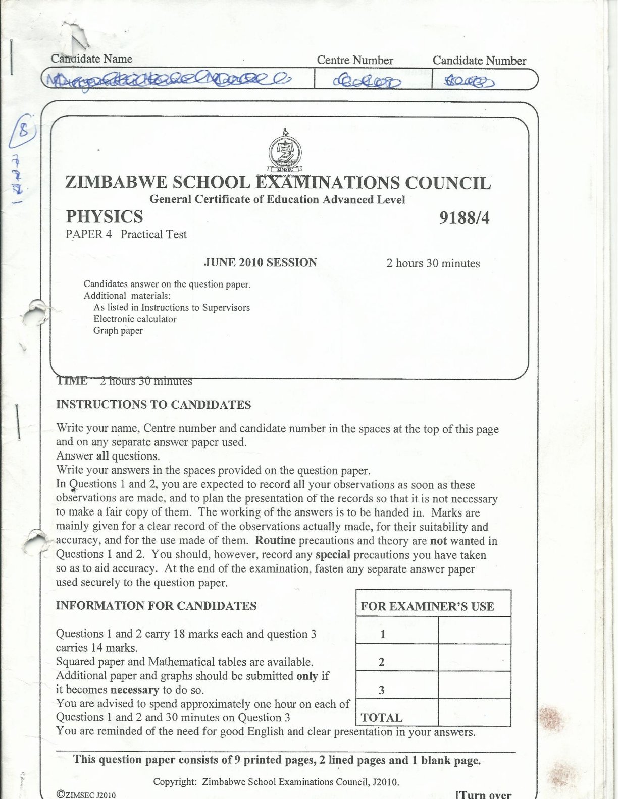 First page of ZIMSEC A-Level Physics Paper 4 June 2010 Question Paper