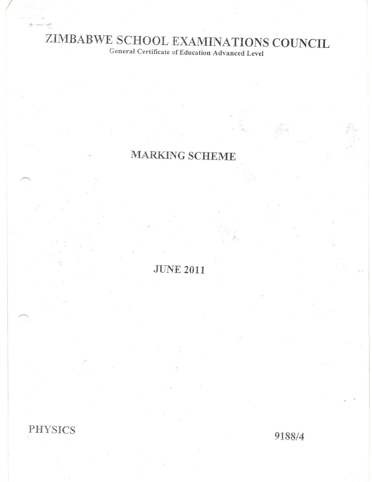 First page of ZIMSEC A-Level Physics Paper 4 June 2011 Marking Scheme