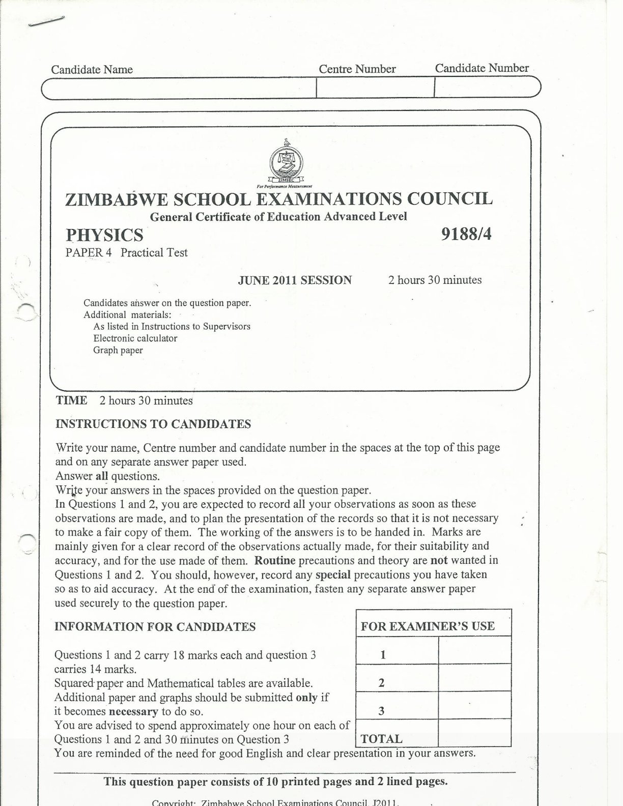 First page of ZIMSEC A-Level Physics Paper 4 June 2011 Question Paper