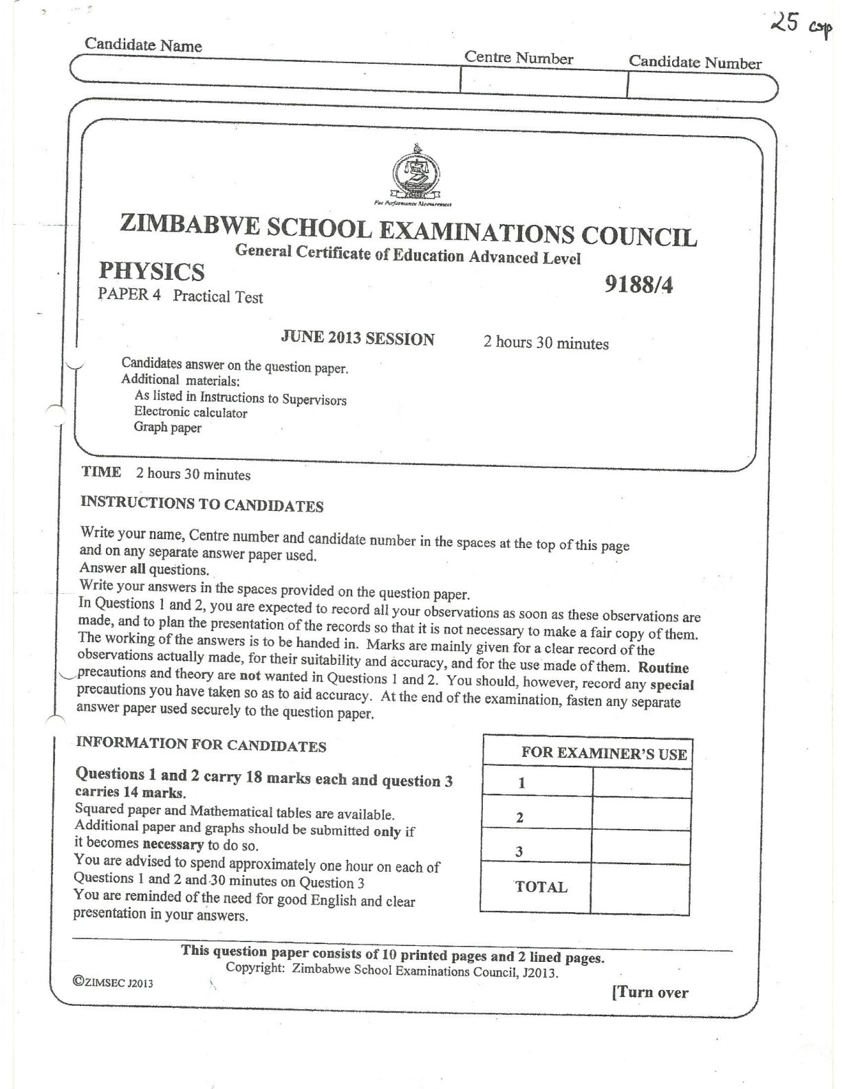First page of ZIMSEC A-Level Physics Paper 4 June 2013 Question Paper