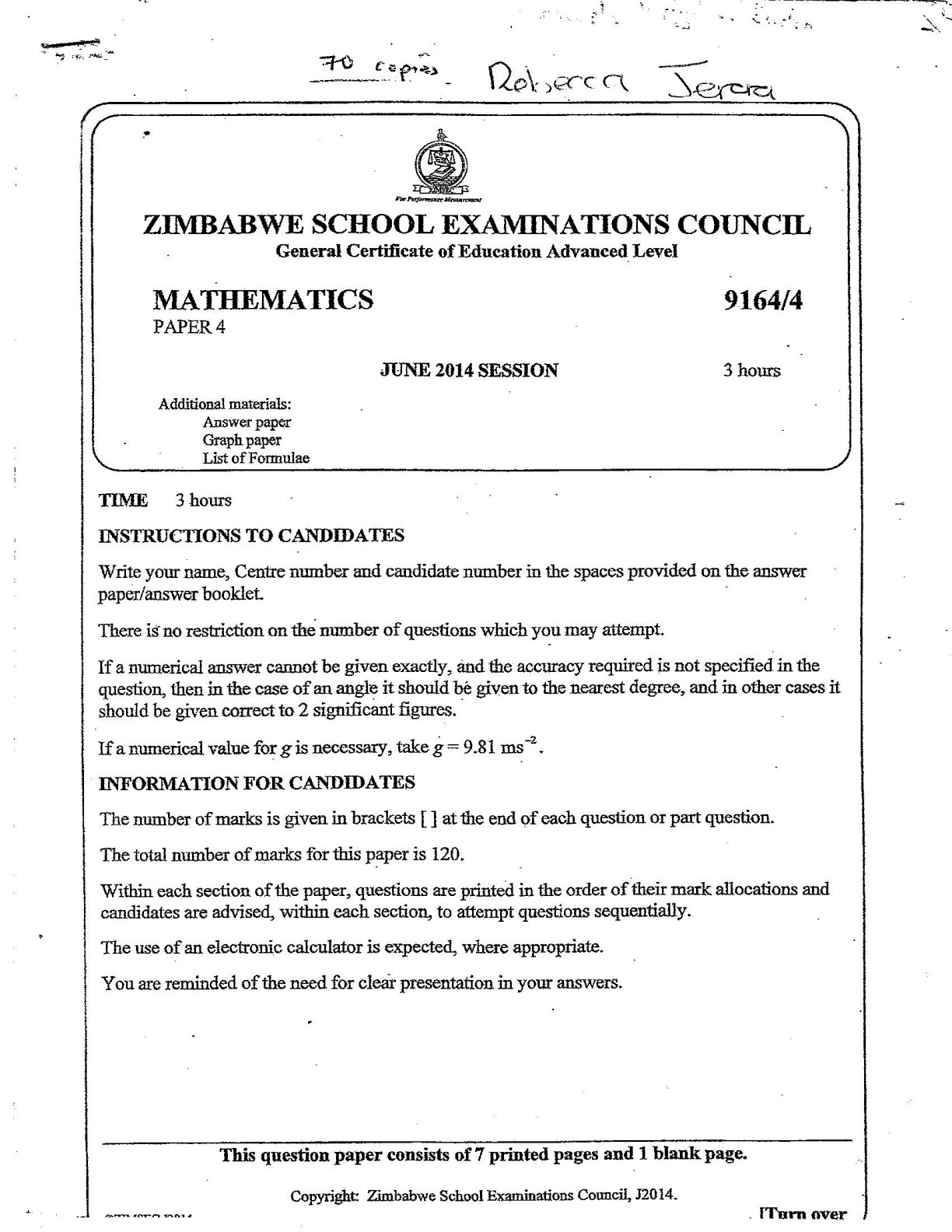 First page of ZIMSEC A-Level Physics Paper 4 June 2014 Question Paper