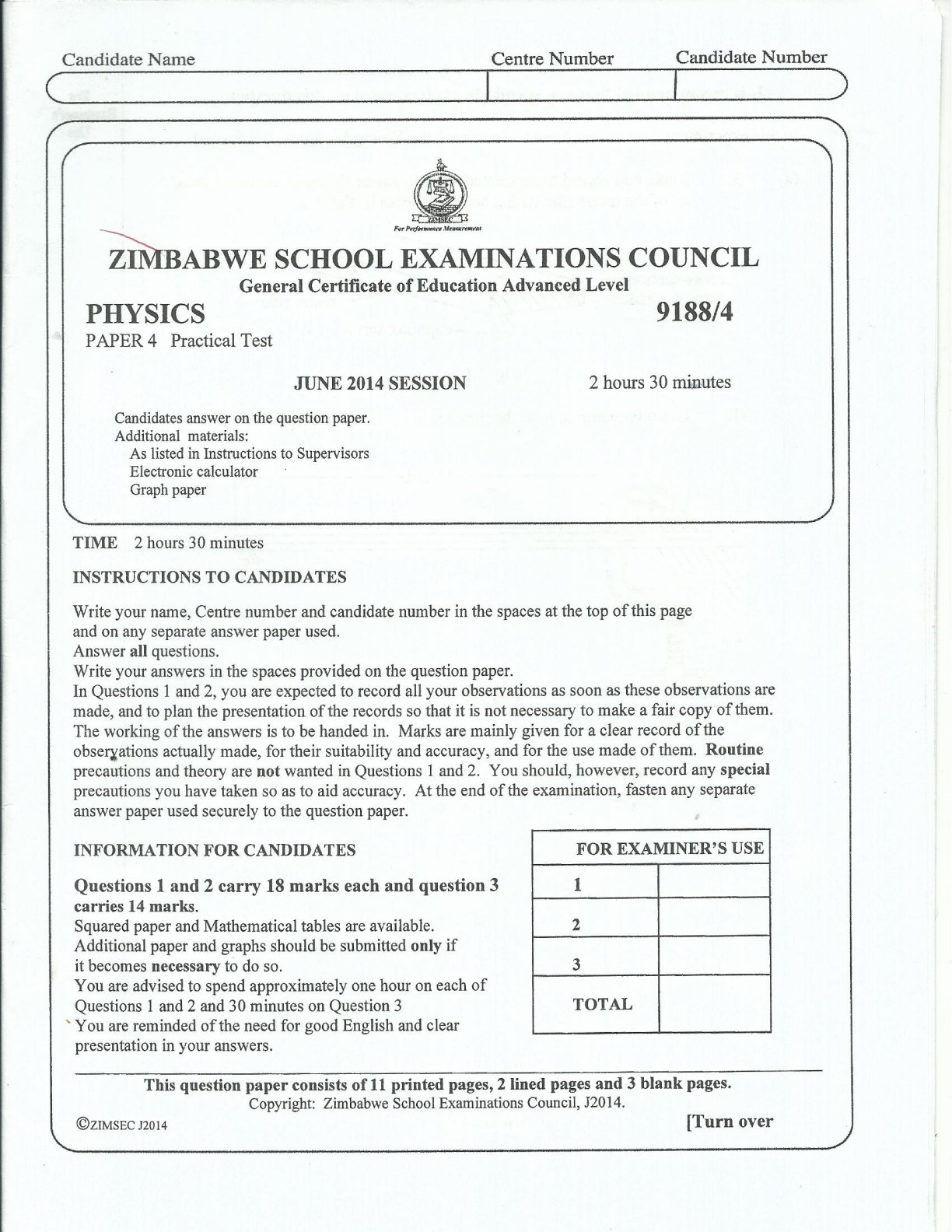 First page of ZIMSEC A-Level Physics Paper 4 June 2014 Question Paper
