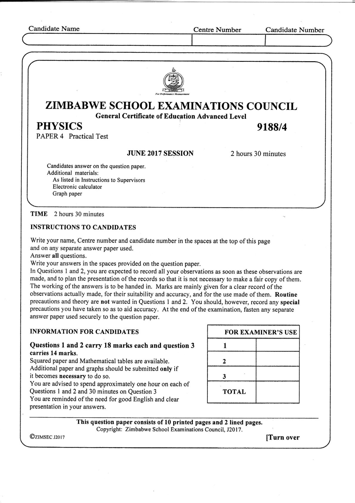 First page of ZIMSEC A-Level Physics Paper 4 June 2017 Question Paper