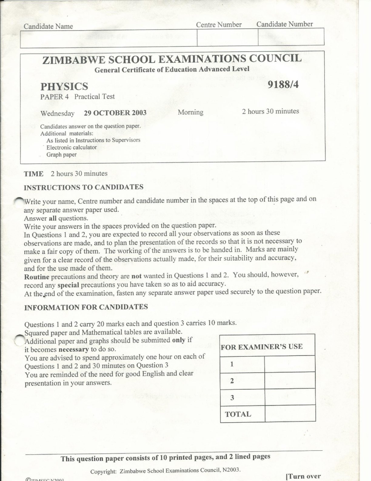 First page of ZIMSEC A-Level Physics Paper 4 November 2003 Question Paper