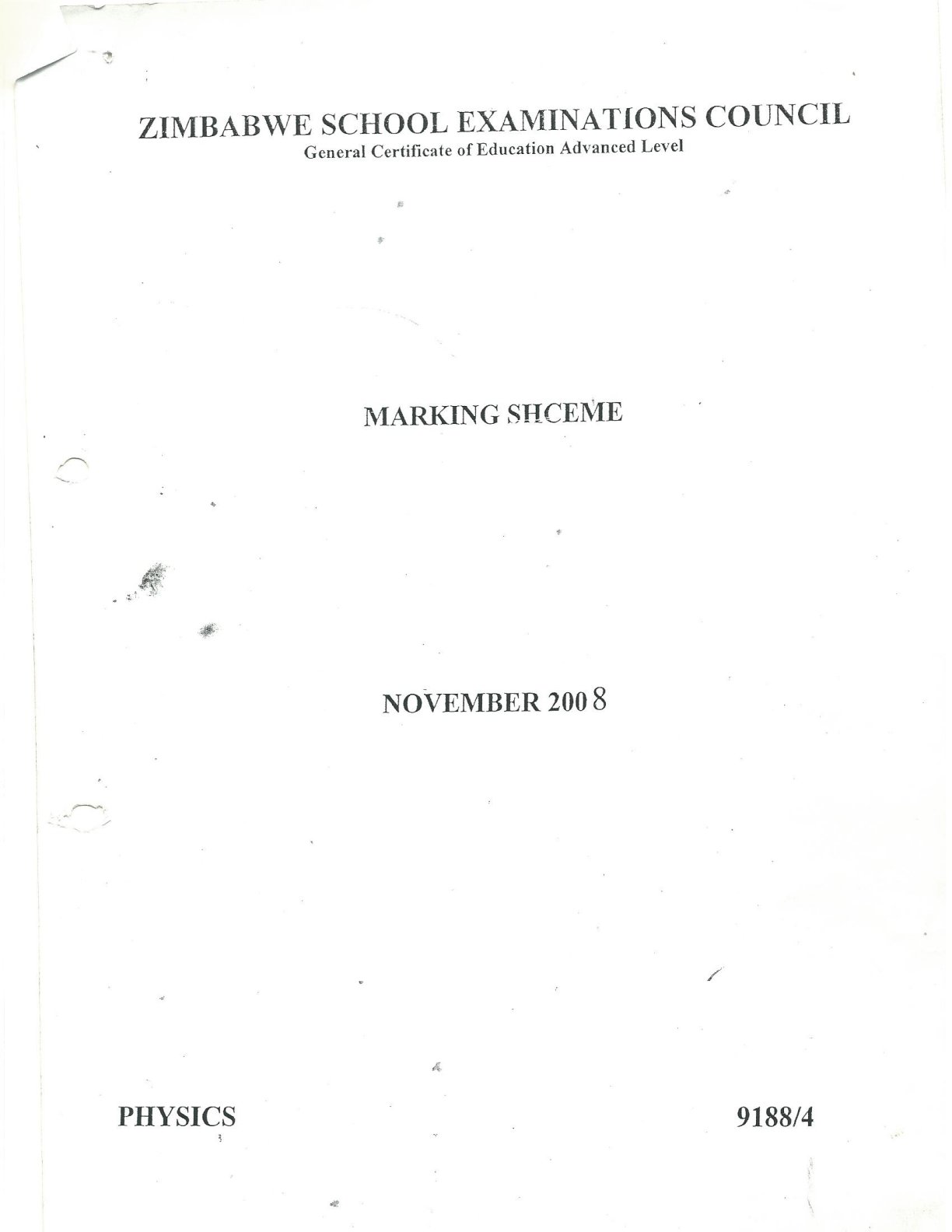 First page of ZIMSEC A-Level Physics Paper 4 November 2008 Marking Scheme