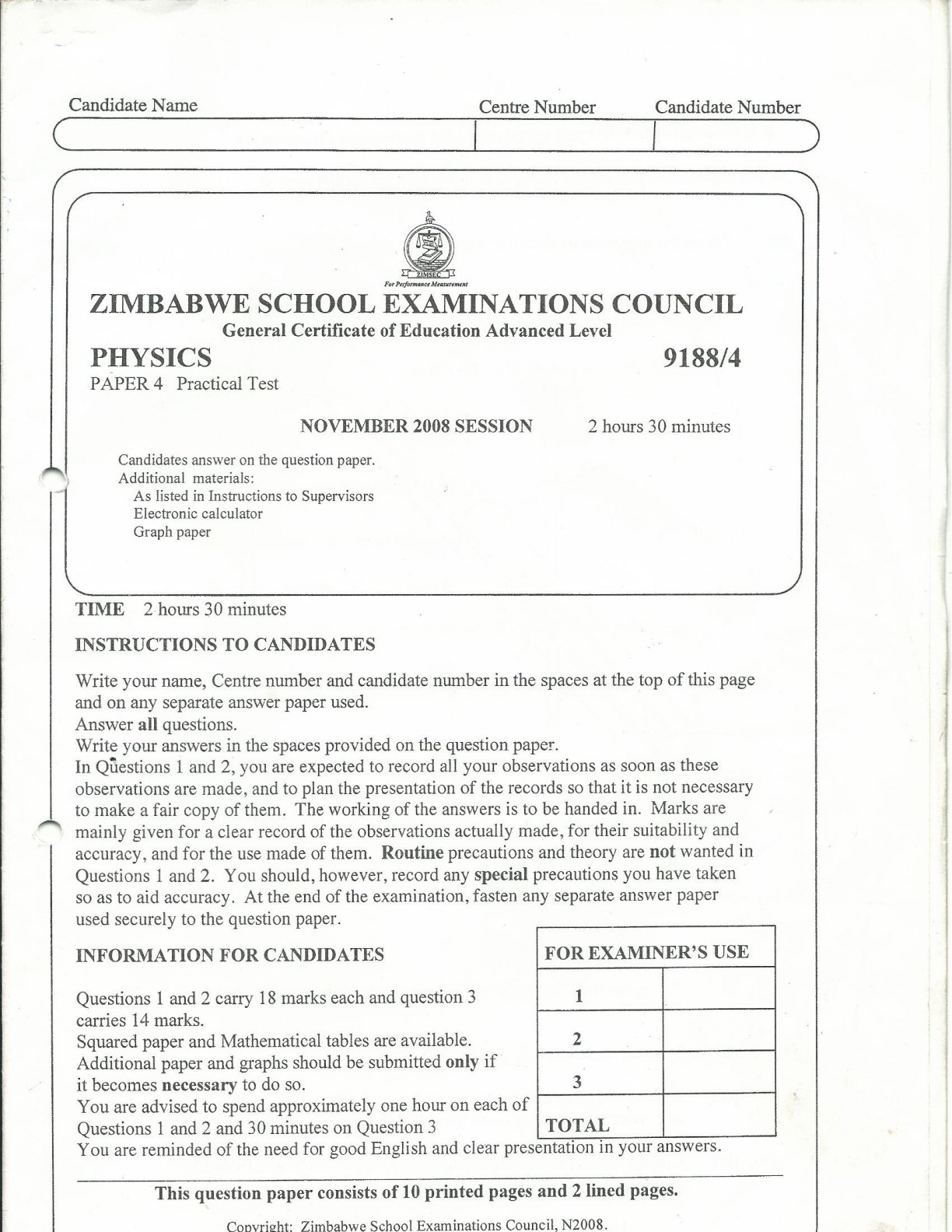 First page of ZIMSEC A-Level Physics Paper 4 November 2008 Question Paper