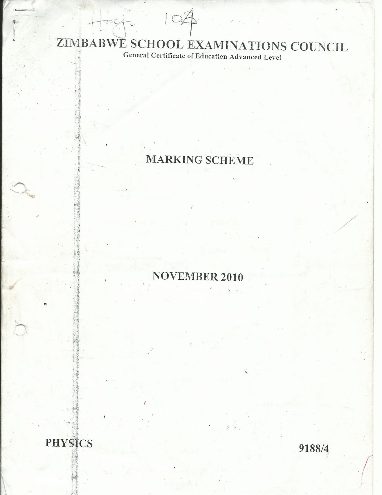 First page of ZIMSEC A-Level Physics Paper 4 November 2010 Marking Scheme