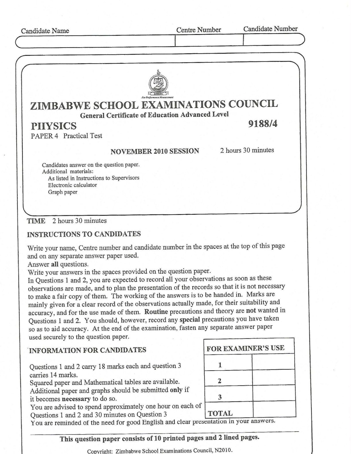First page of ZIMSEC A-Level Physics Paper 4 November 2010 Question Paper