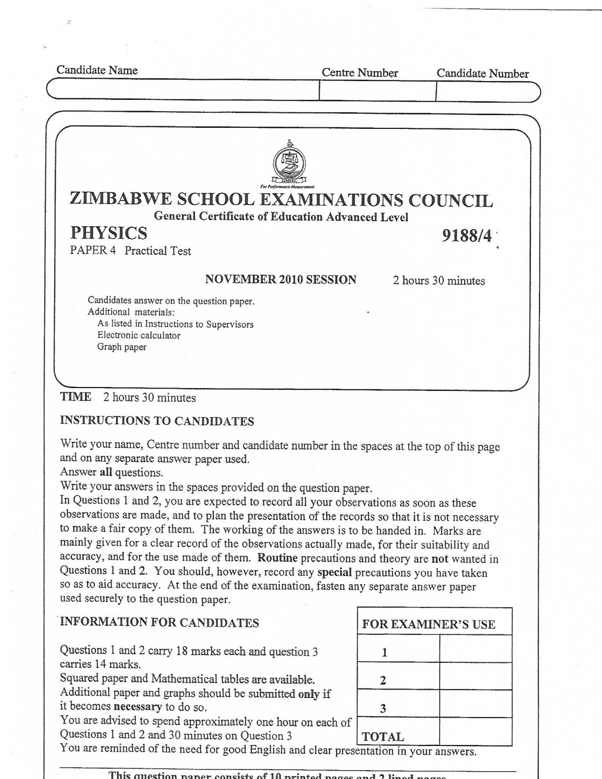 First page of ZIMSEC A-Level Physics Paper 4 November 2010 Question Paper