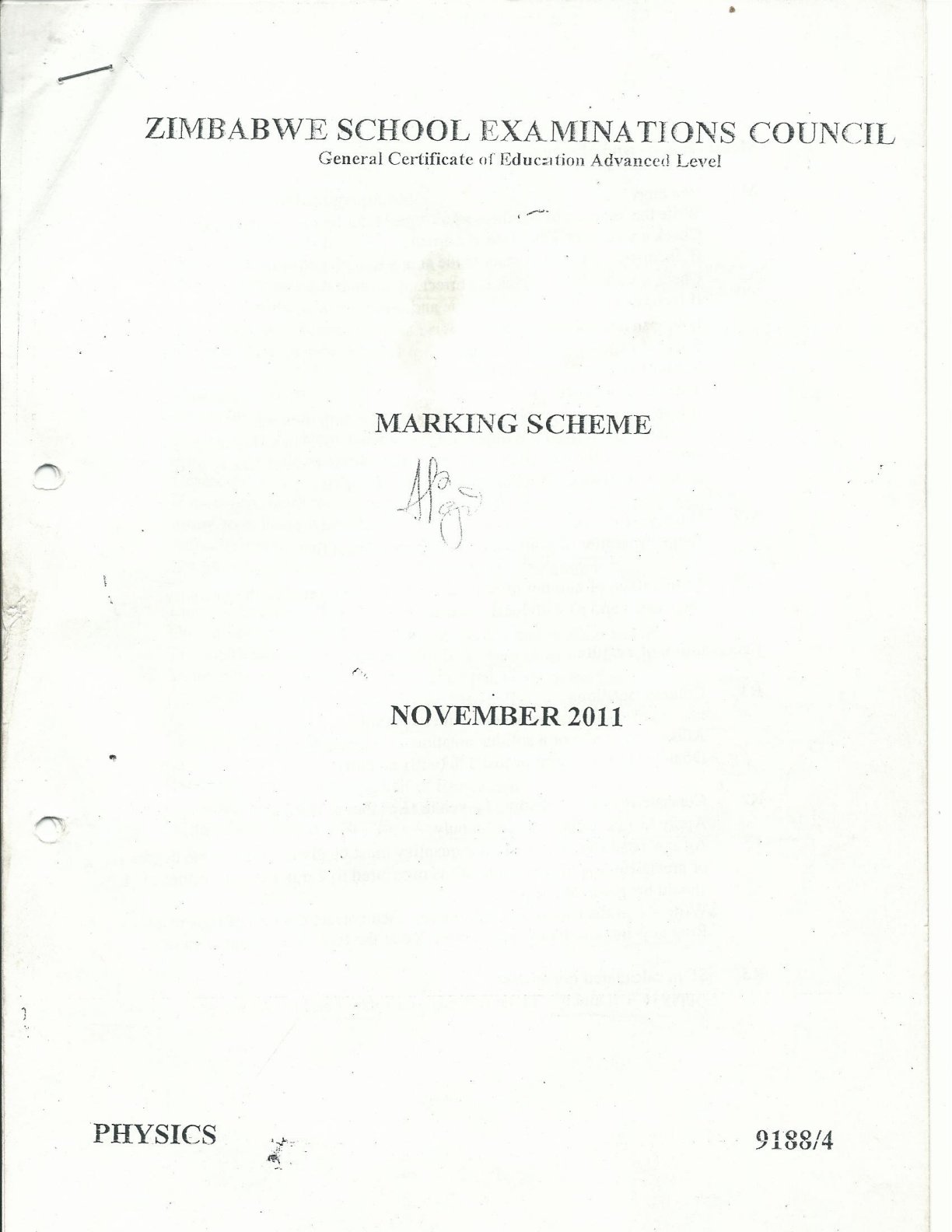 First page of ZIMSEC A-Level Physics Paper 4 November 2011 Marking Scheme