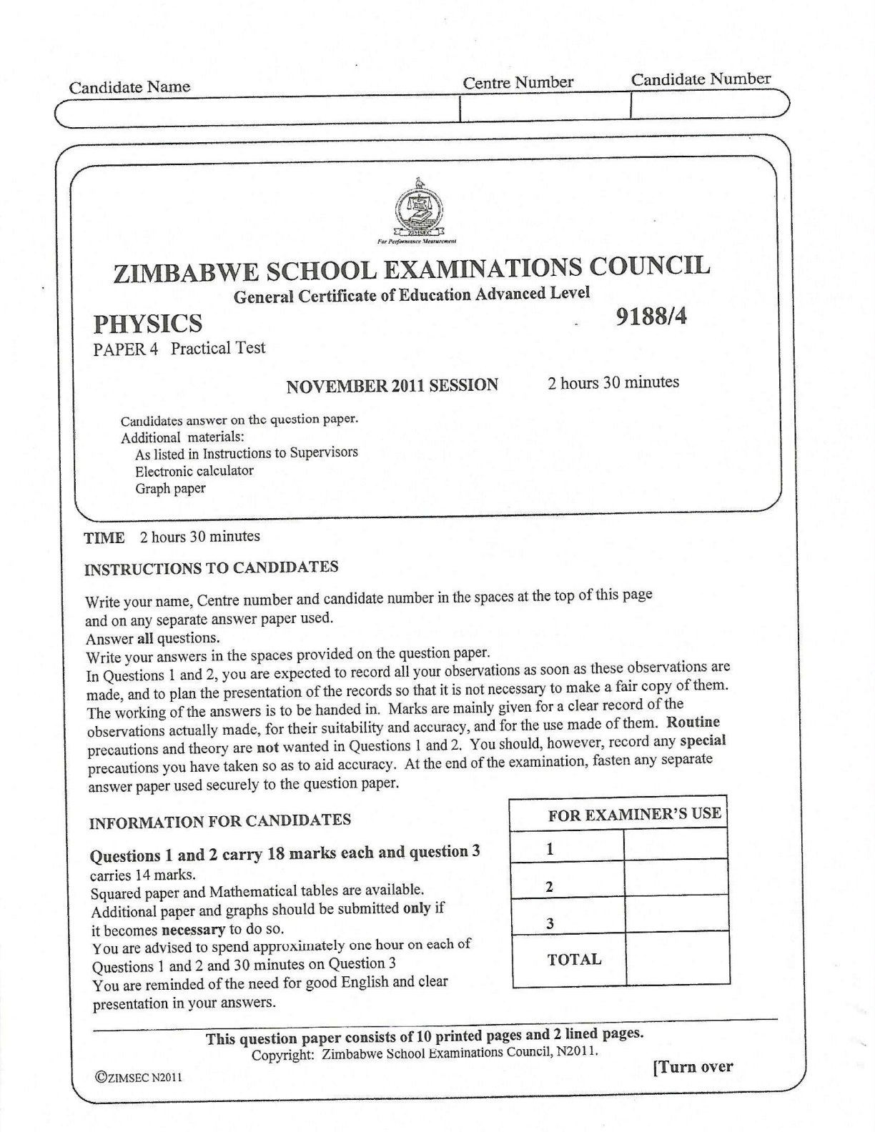 First page of ZIMSEC A-Level Physics Paper 4 November 2011 Question Paper