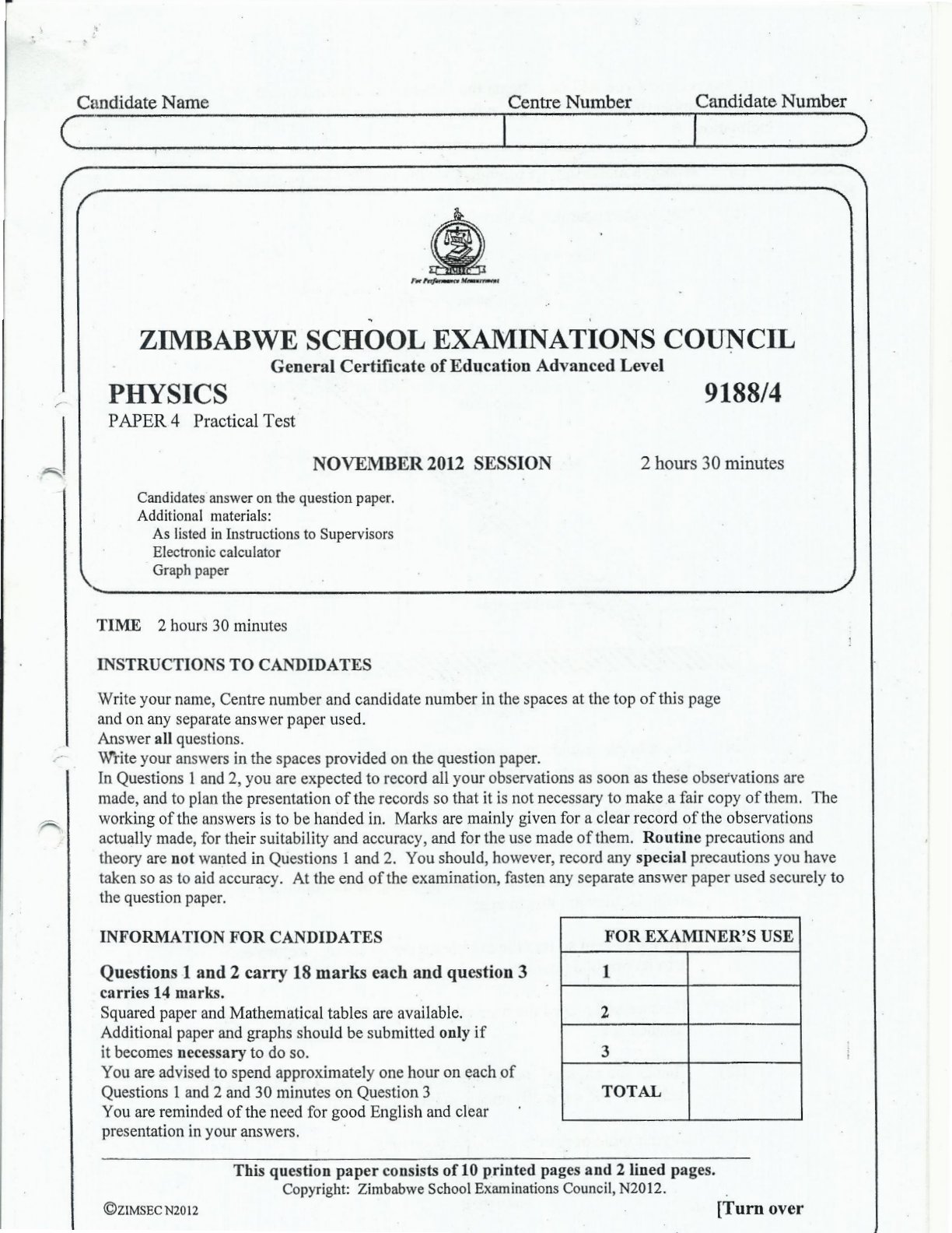 First page of ZIMSEC A-Level Physics Paper 4 November 2012 Question Paper
