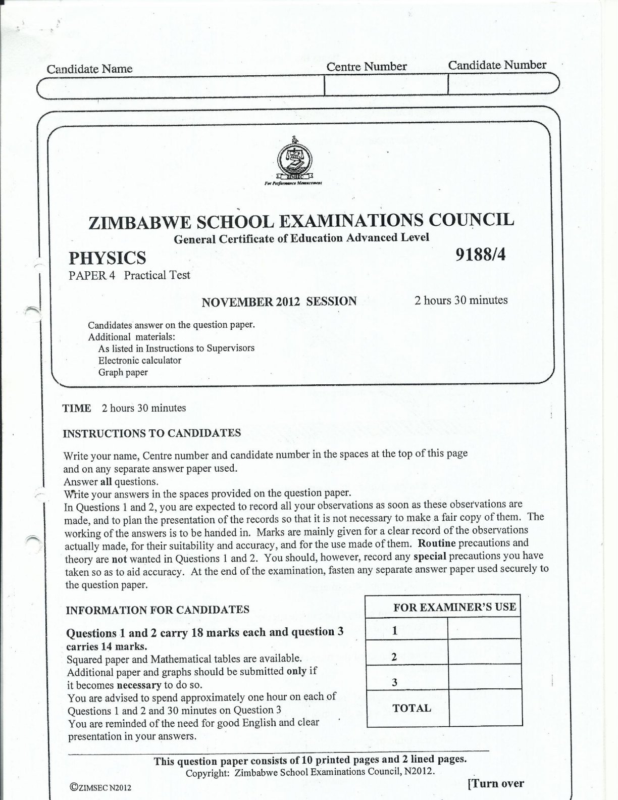 First page of ZIMSEC A-Level Physics Paper 4 November 2012 Question Paper