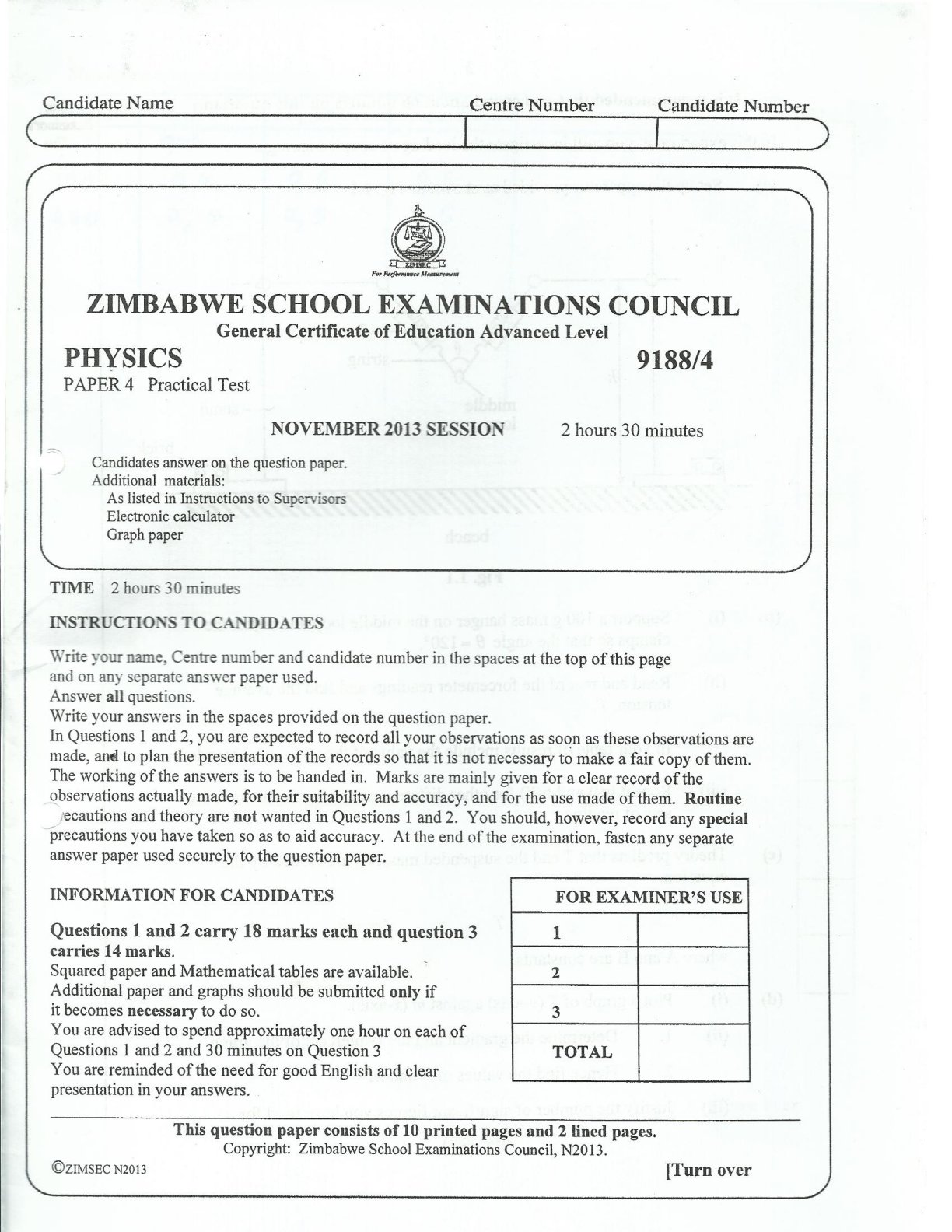 First page of ZIMSEC A-Level Physics Paper 4 November 2013 Question Paper