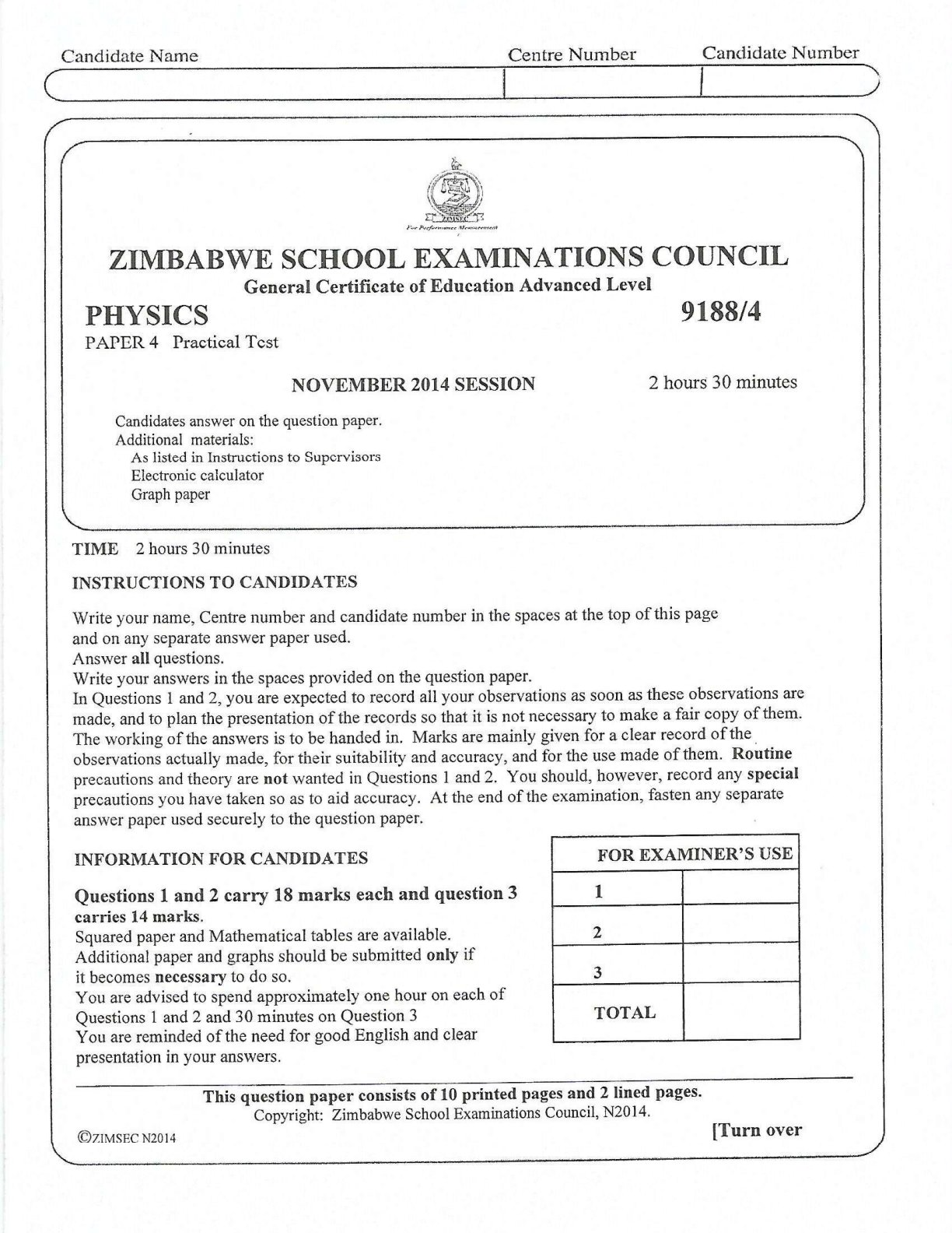 First page of ZIMSEC A-Level Physics Paper 4 November 2014 Question Paper