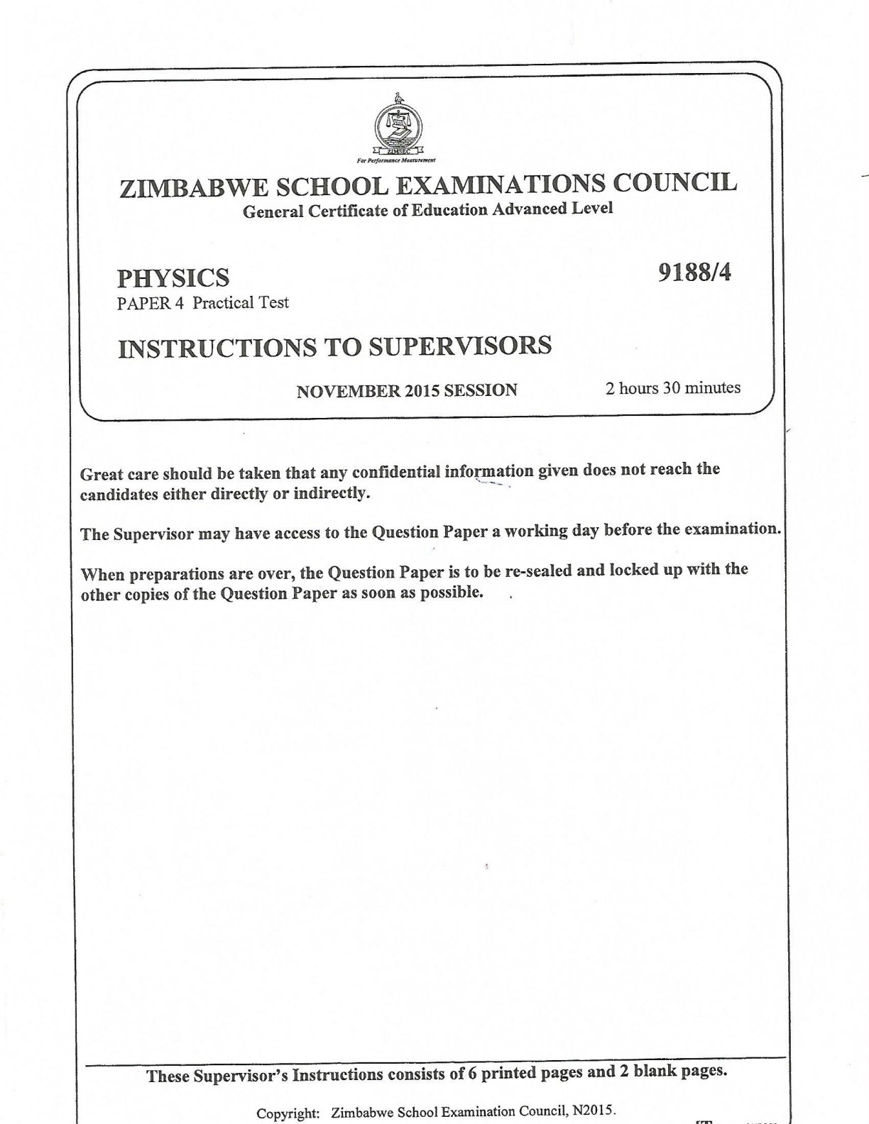 First page of ZIMSEC A-Level Physics Paper 4 November 2015 Question Paper