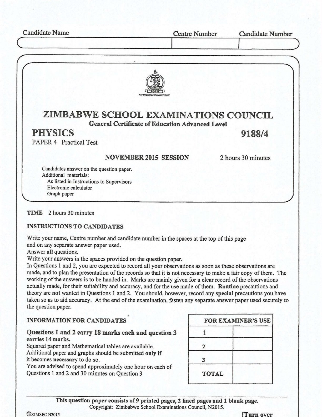 First page of ZIMSEC A-Level Physics Paper 4 November 2015 Question Paper
