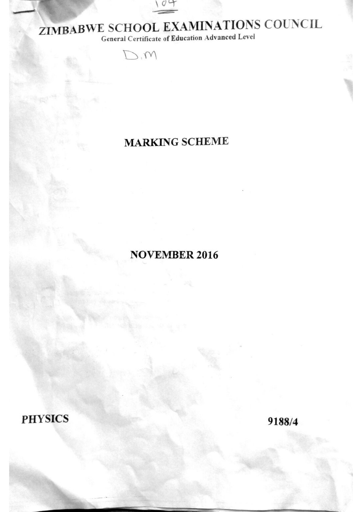 First page of ZIMSEC A-Level Physics Paper 4 November 2016 Marking Scheme