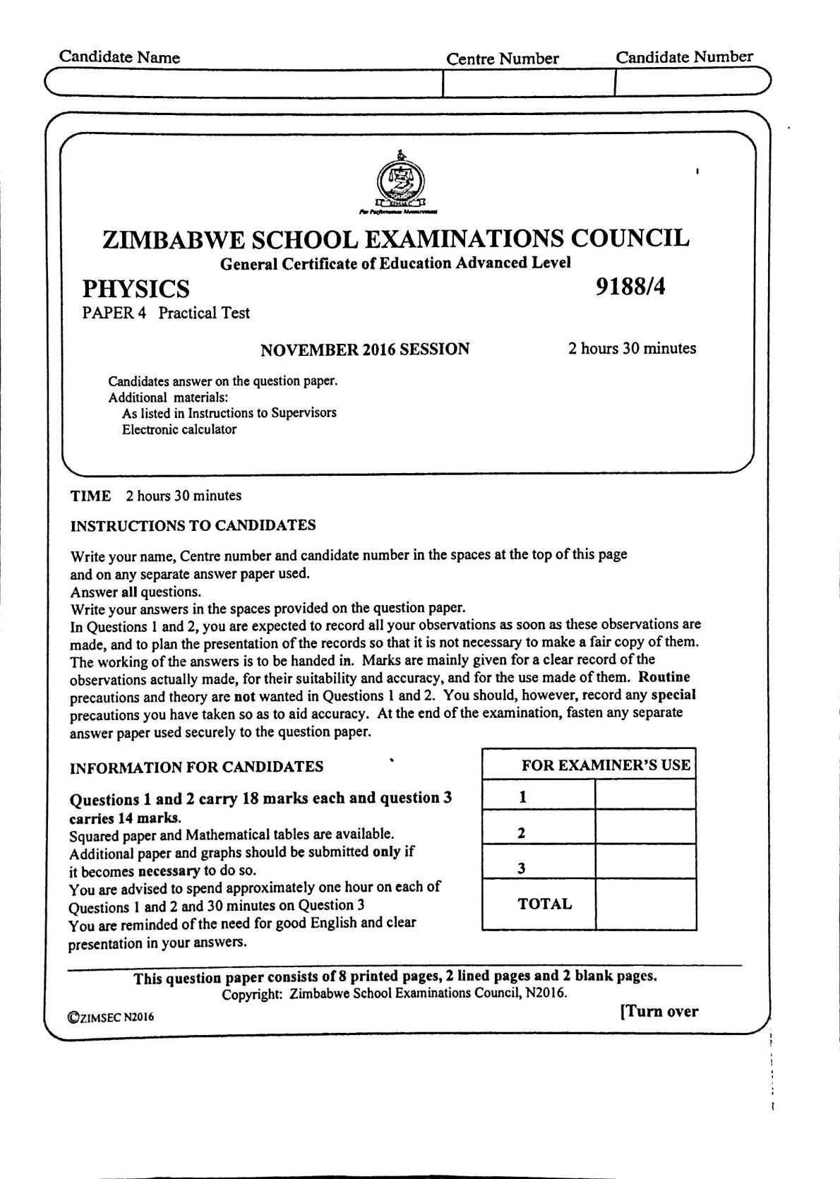 First page of ZIMSEC A-Level Physics Paper 4 November 2016 Question Paper