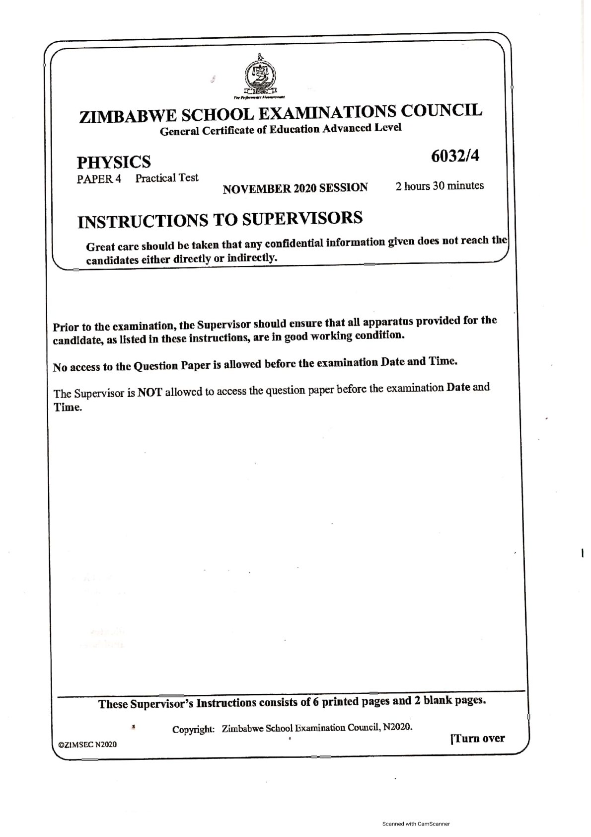 First page of ZIMSEC A-Level Physics Paper 4 November 2020 Question Paper