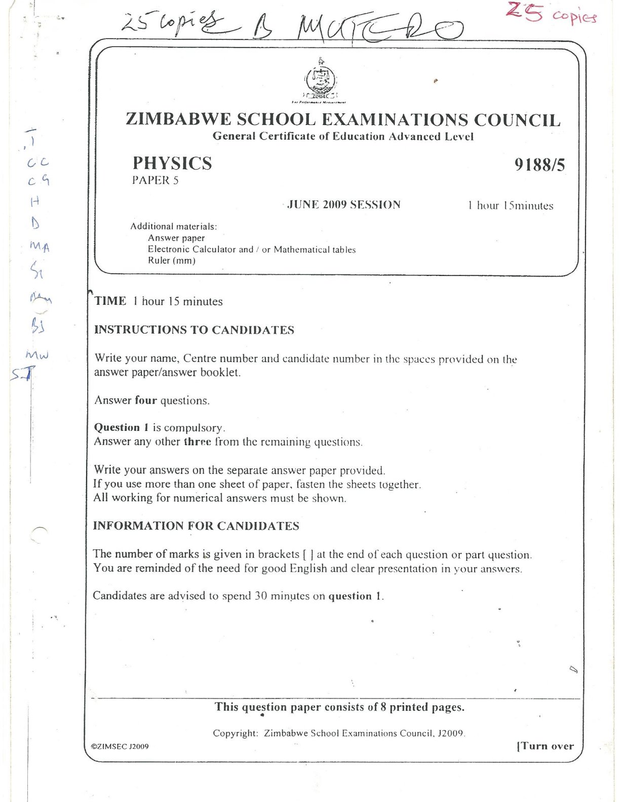 First page of ZIMSEC A-Level Physics Paper 5 June 2009 Question Paper