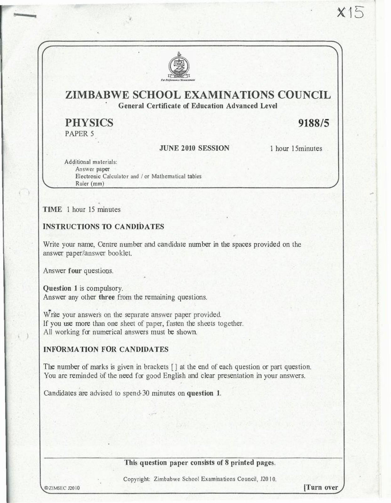 First page of ZIMSEC A-Level Physics Paper 5 June 2010 Question Paper