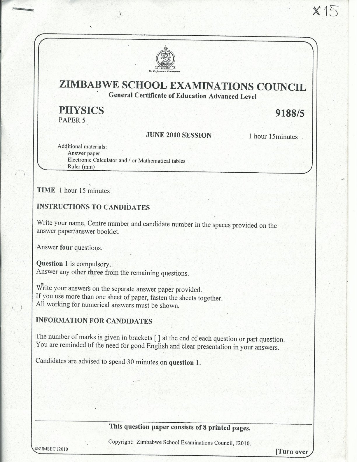 First page of ZIMSEC A-Level Physics Paper 5 June 2010 Question Paper
