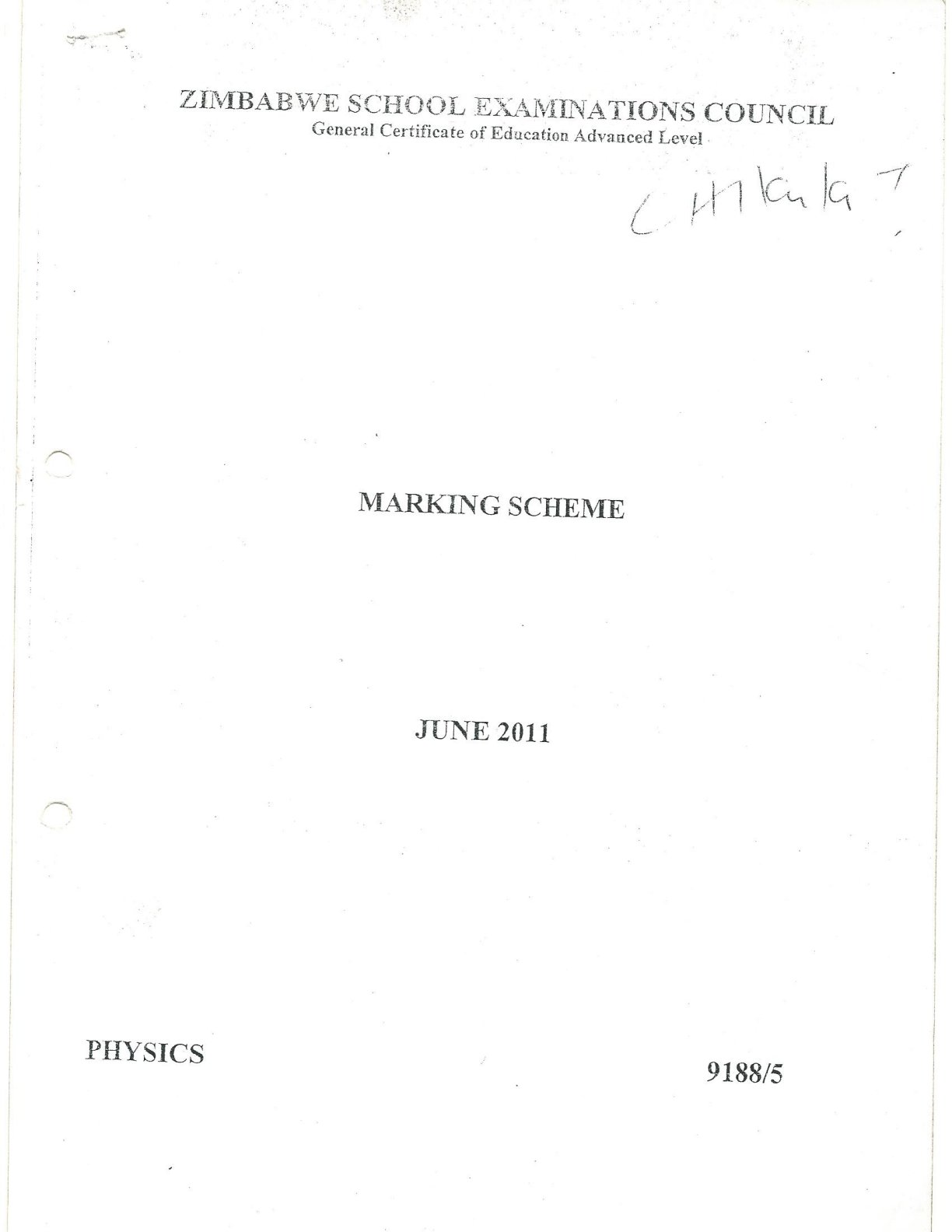 First page of ZIMSEC A-Level Physics Paper 5 June 2011 Marking Scheme