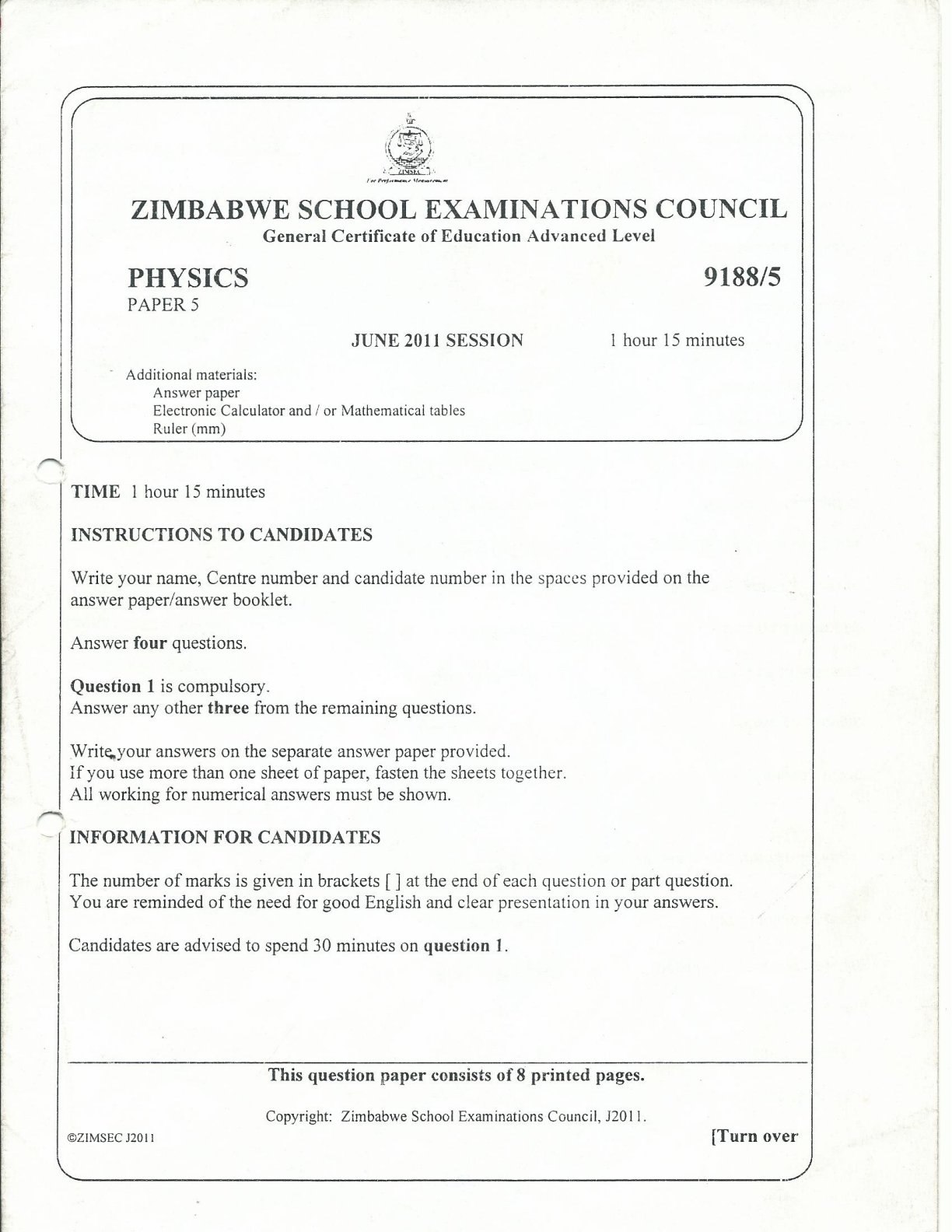 First page of ZIMSEC A-Level Physics Paper 5 June 2011 Question Paper
