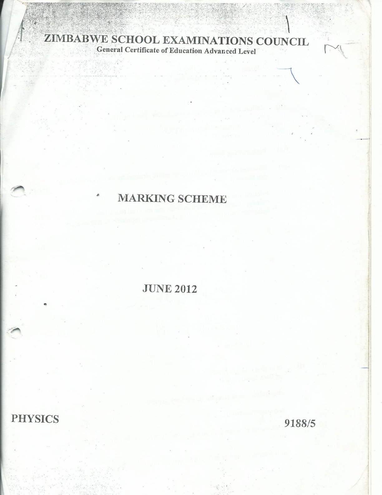 First page of ZIMSEC A-Level Physics Paper 5 June 2012 Marking Scheme