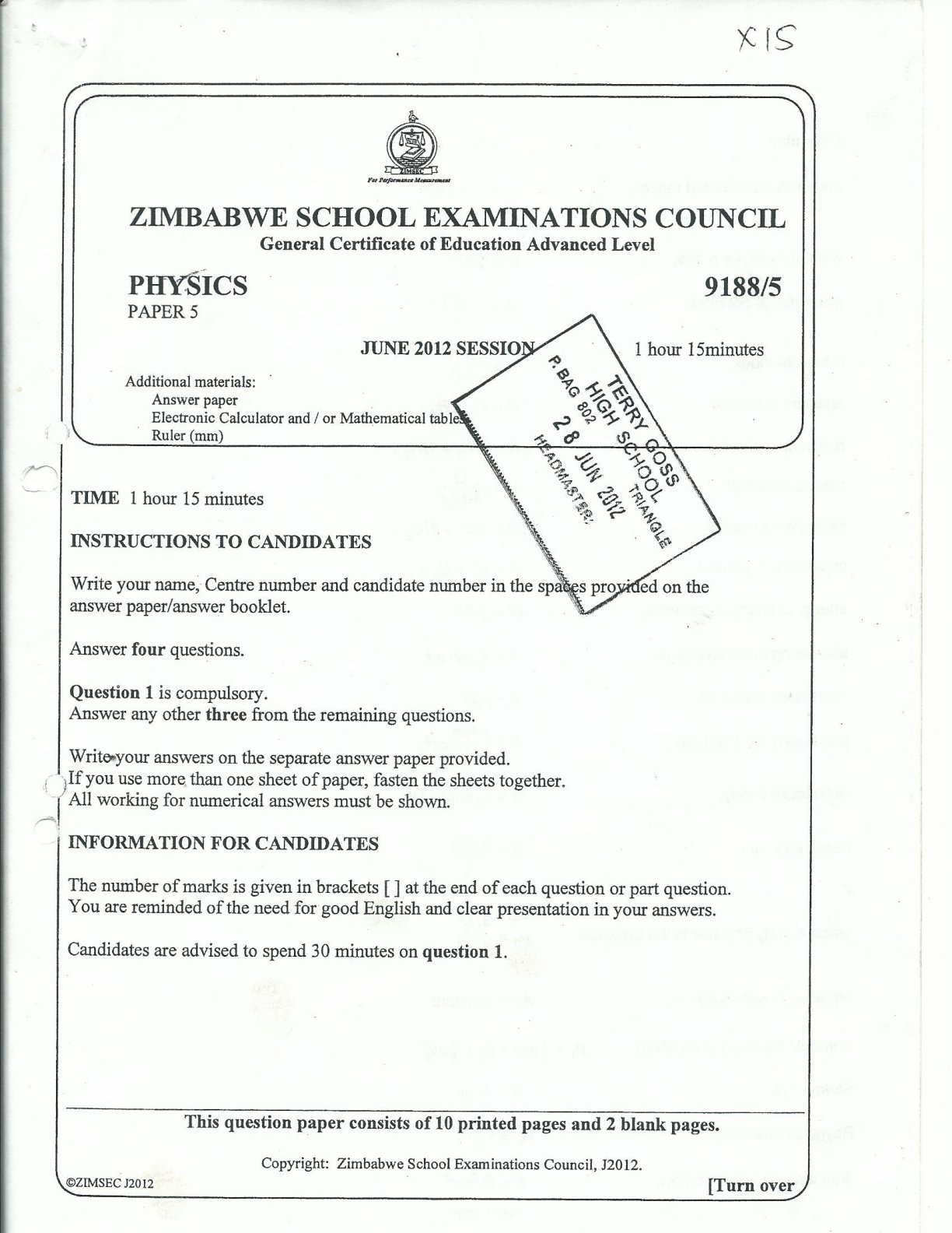 First page of ZIMSEC A-Level Physics Paper 5 June 2012 Question Paper