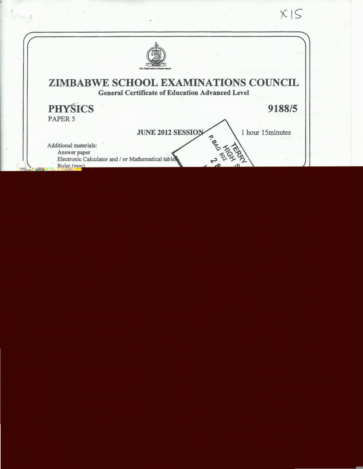 First page of ZIMSEC A-Level Physics Paper 5 June 2012 Question Paper