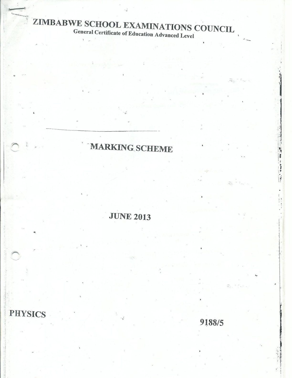 First page of ZIMSEC A-Level Physics Paper 5 June 2013 Marking Scheme