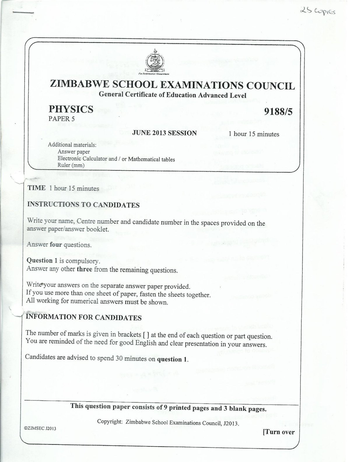 First page of ZIMSEC A-Level Physics Paper 5 June 2013 Question Paper