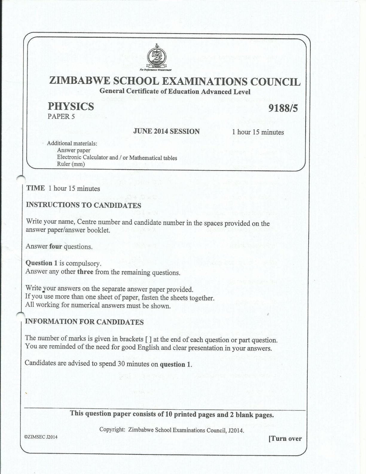 First page of ZIMSEC A-Level Physics Paper 5 June 2014 Question Paper