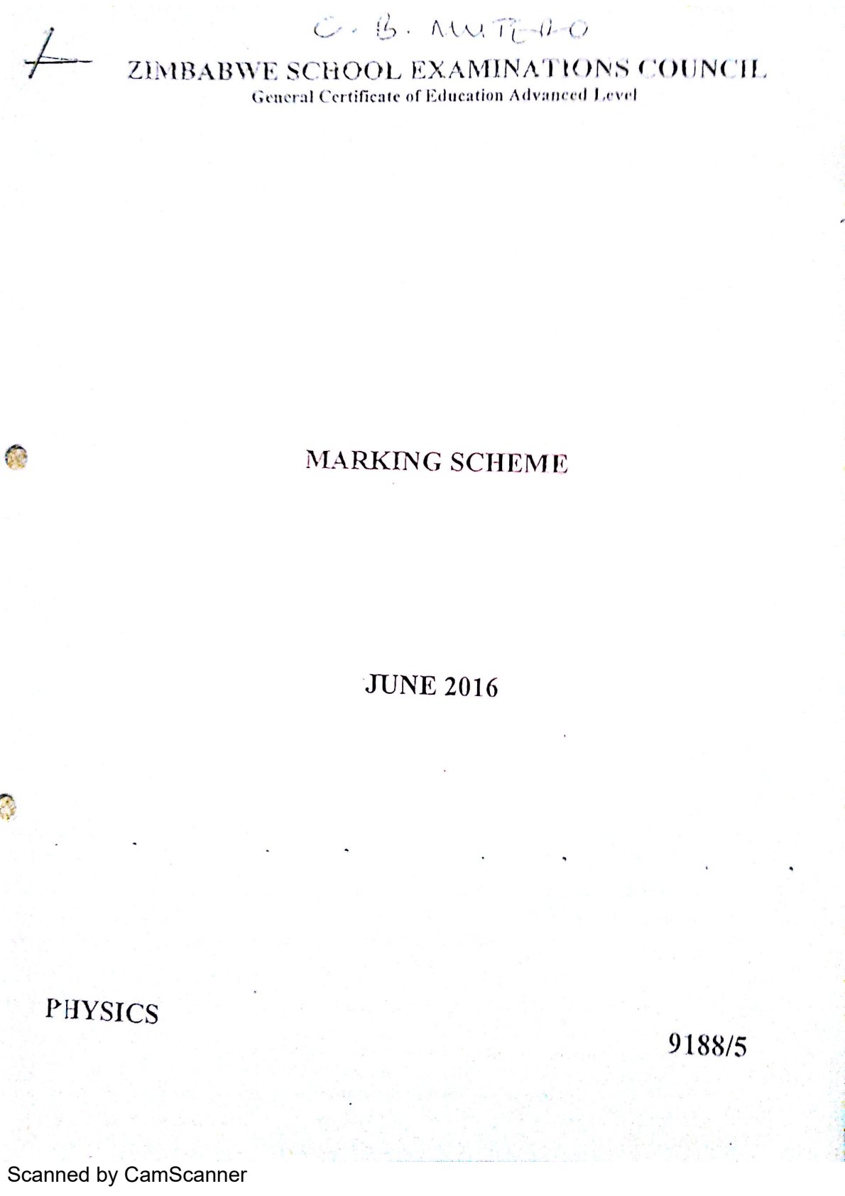 First page of ZIMSEC A-Level Physics Paper 5 June 2016 Marking Scheme