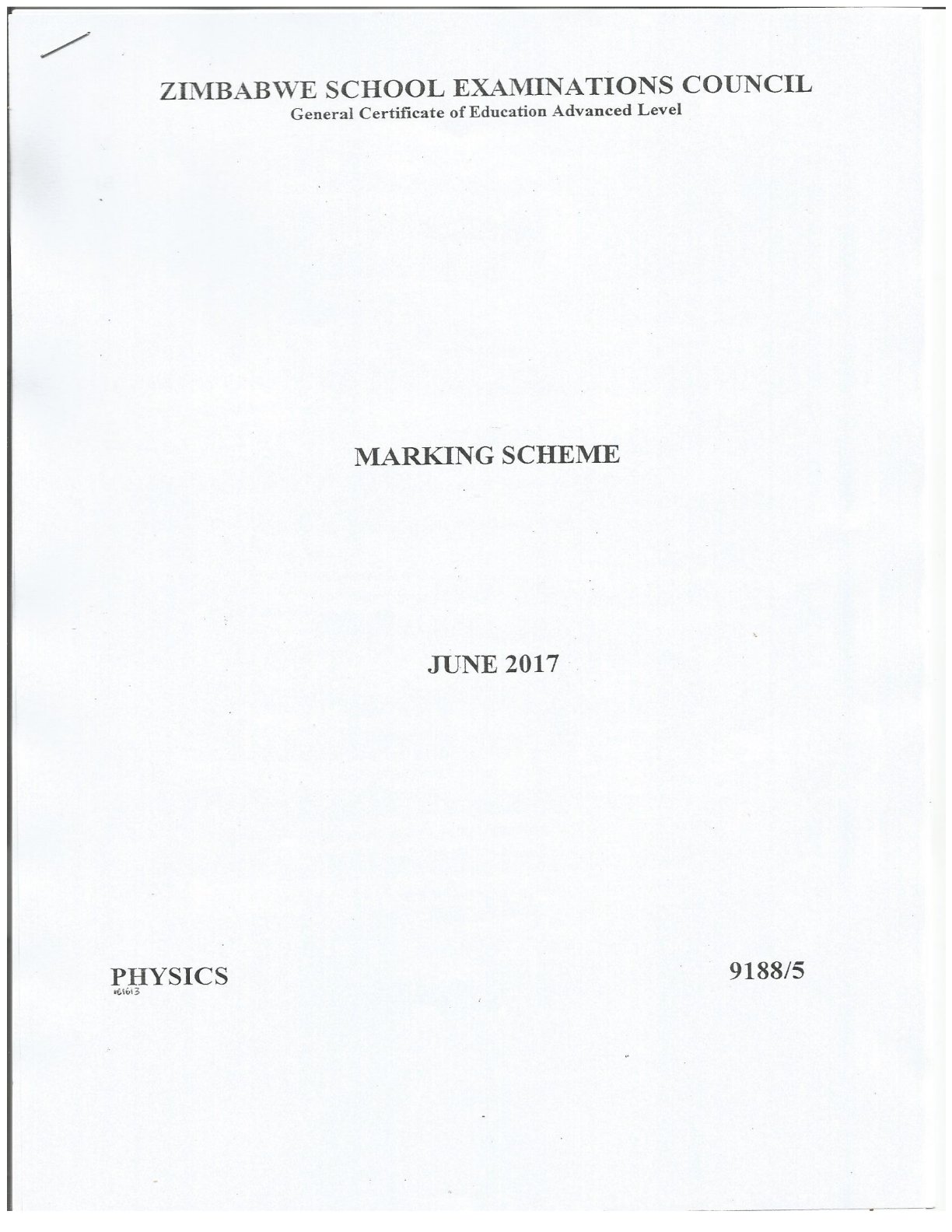 First page of ZIMSEC A-Level Physics Paper 5 June 2017 Marking Scheme