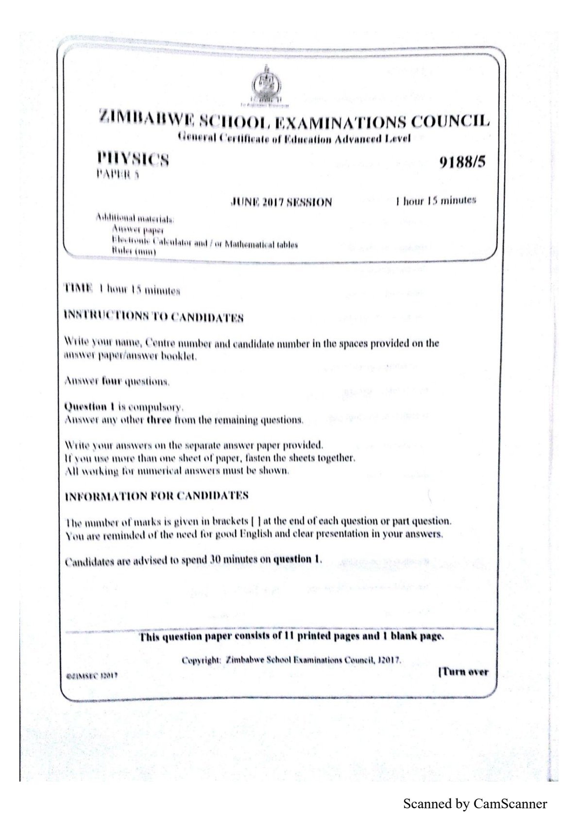 First page of ZIMSEC A-Level Physics Paper 5 June 2017 Question Paper