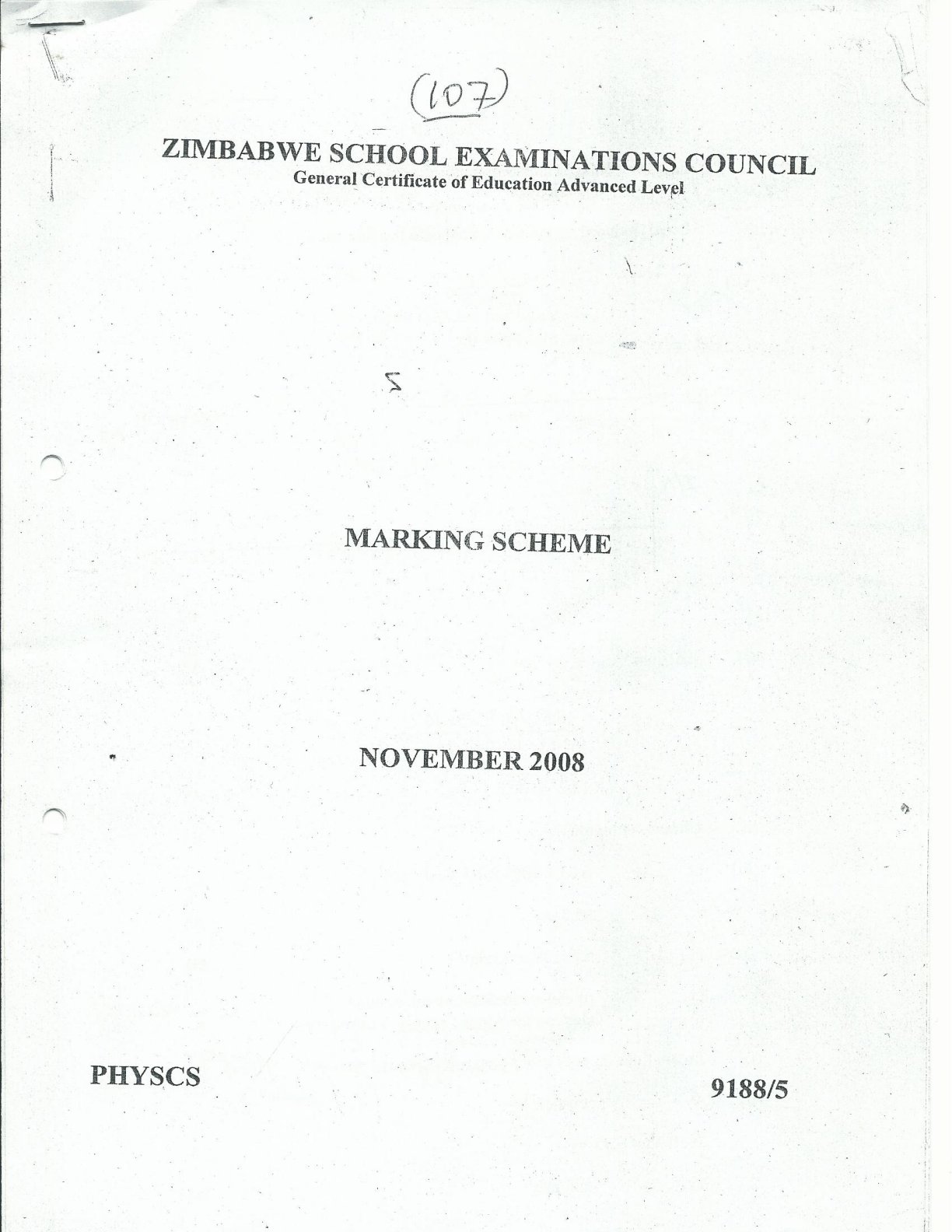 First page of ZIMSEC A-Level Physics Paper 5 November 2008 Marking Scheme