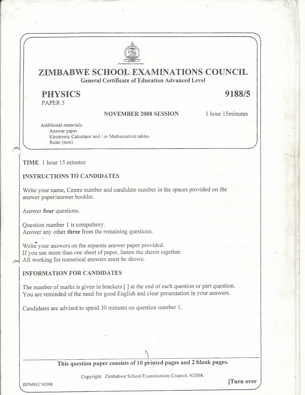 First page of ZIMSEC A-Level Physics Paper 5 November 2008 Question Paper