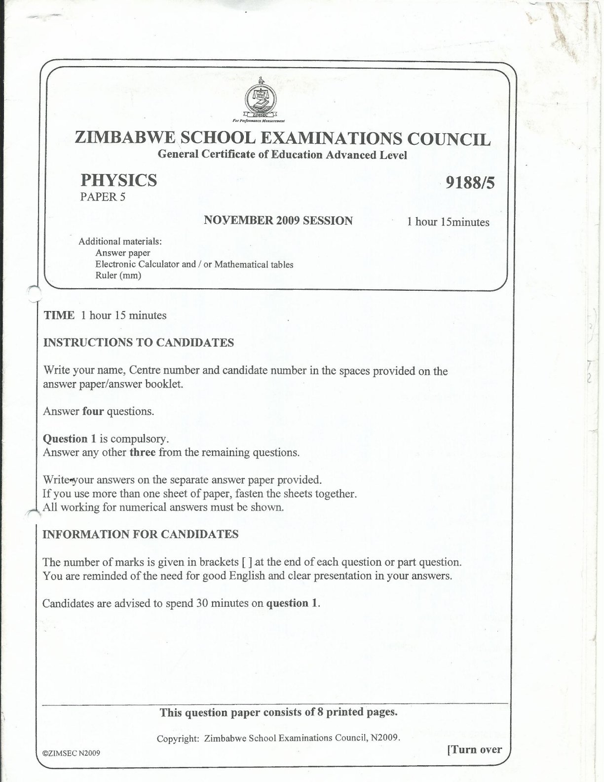 First page of ZIMSEC A-Level Physics Paper 5 November 2009 Question Paper