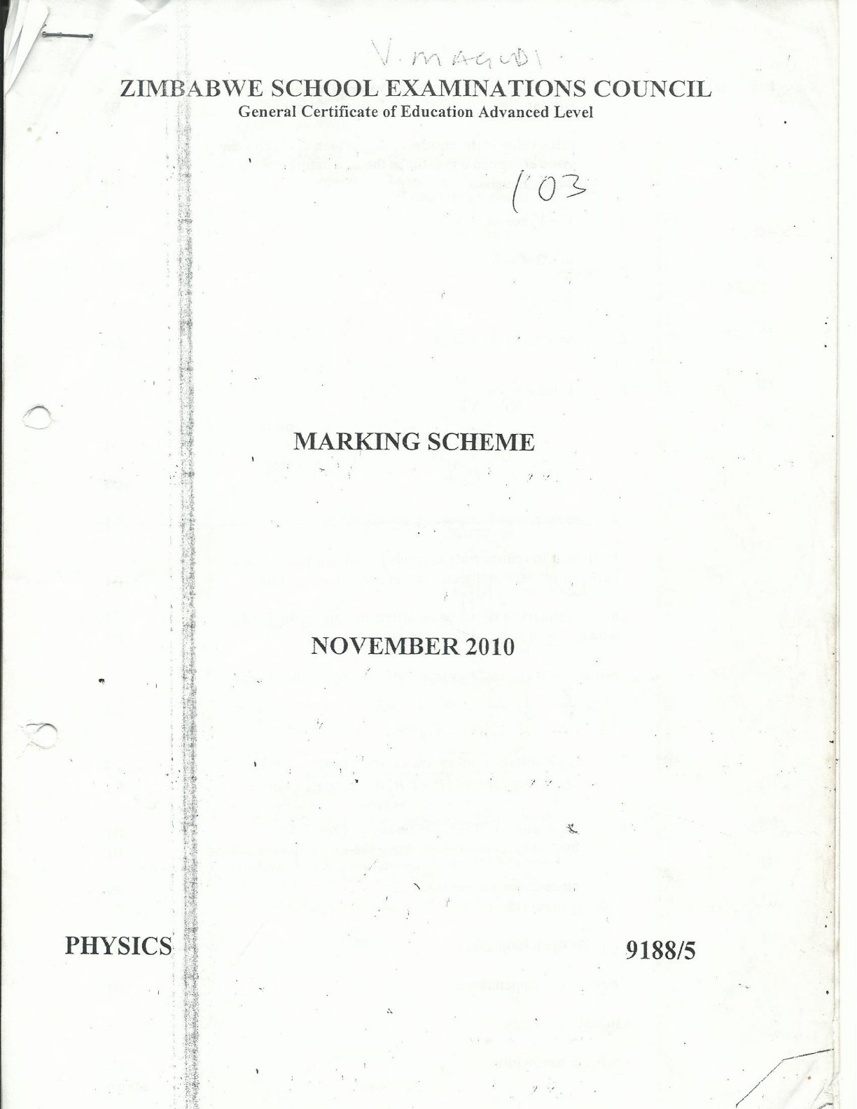 First page of ZIMSEC A-Level Physics Paper 5 November 2010 Marking Scheme
