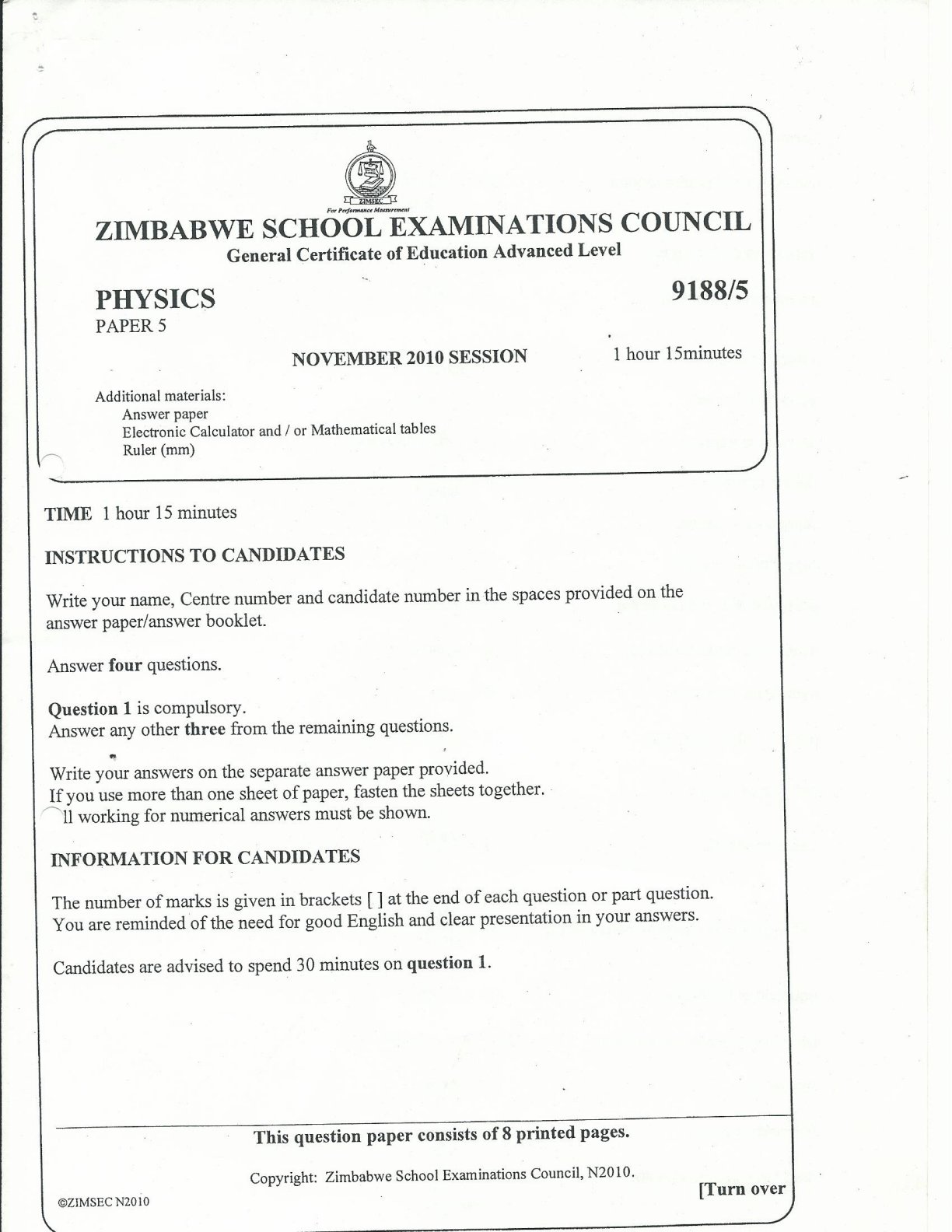 First page of ZIMSEC A-Level Physics Paper 5 November 2010 Question Paper