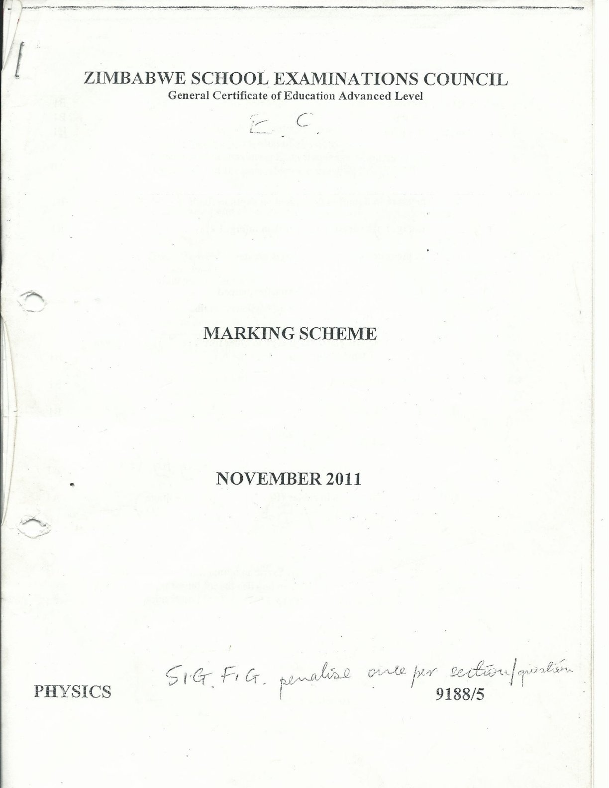 First page of ZIMSEC A-Level Physics Paper 5 November 2011 Marking Scheme