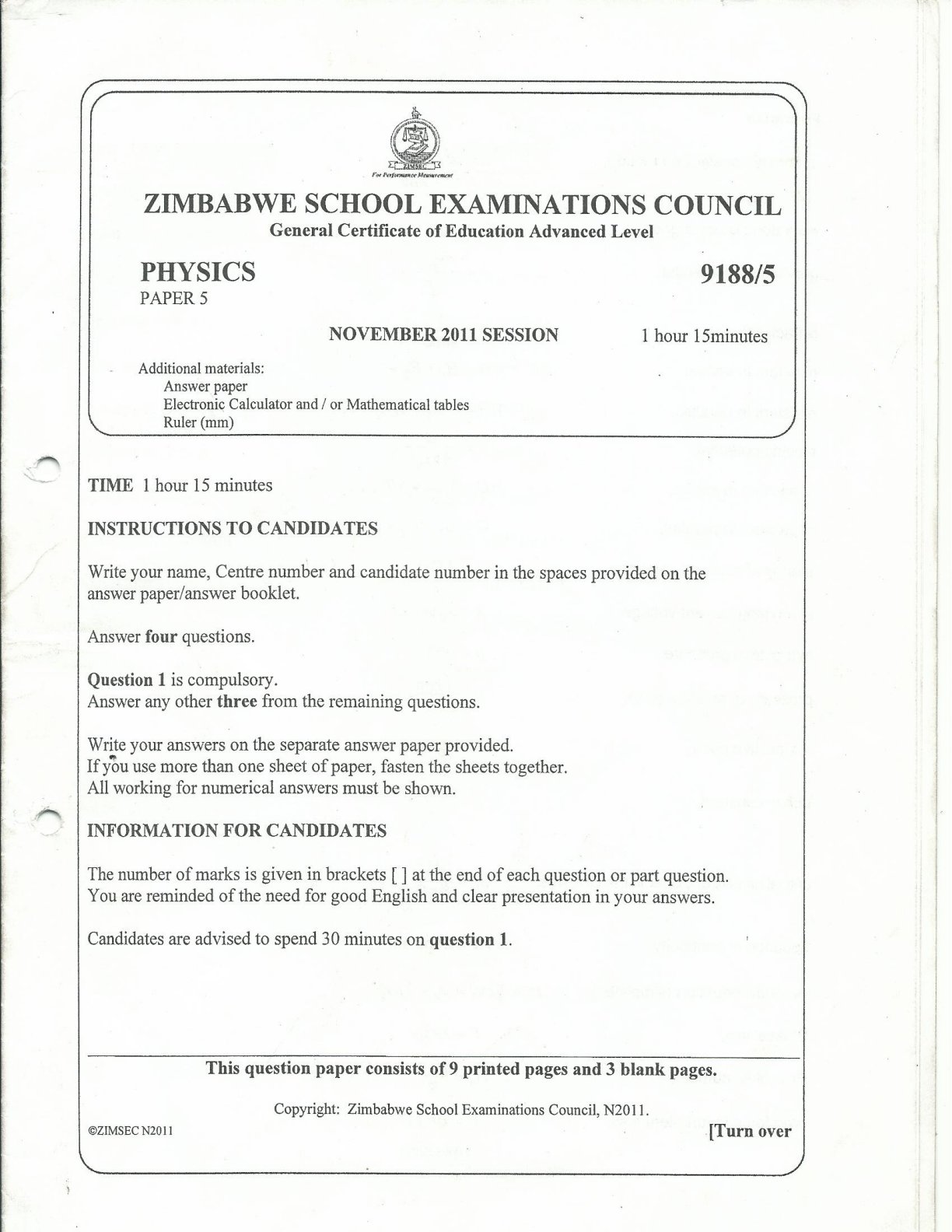 First page of ZIMSEC A-Level Physics Paper 5 November 2011 Question Paper